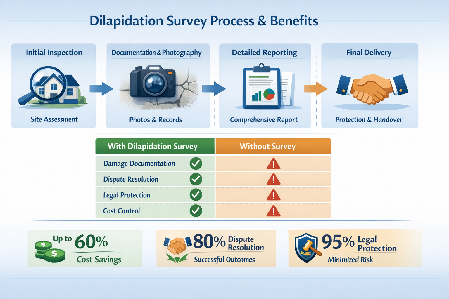 Comprehensive landscape format (1536x1024) infographic-style image illustrating dilapidation survey process timeline and key benefits. Visua