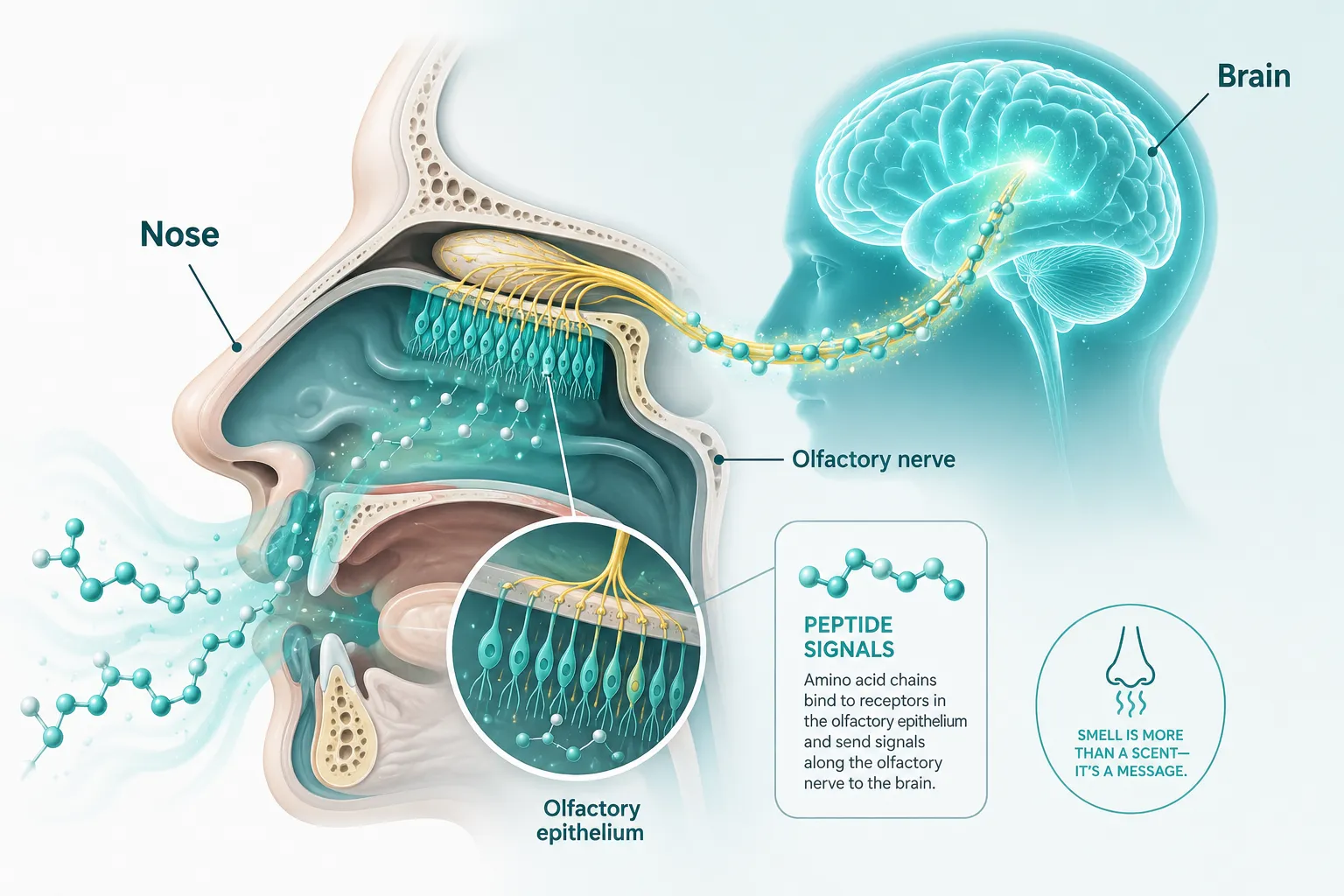 Isometric scientific illustration in bright teal and white: cross-section diagram of the human nasal cavity showing the