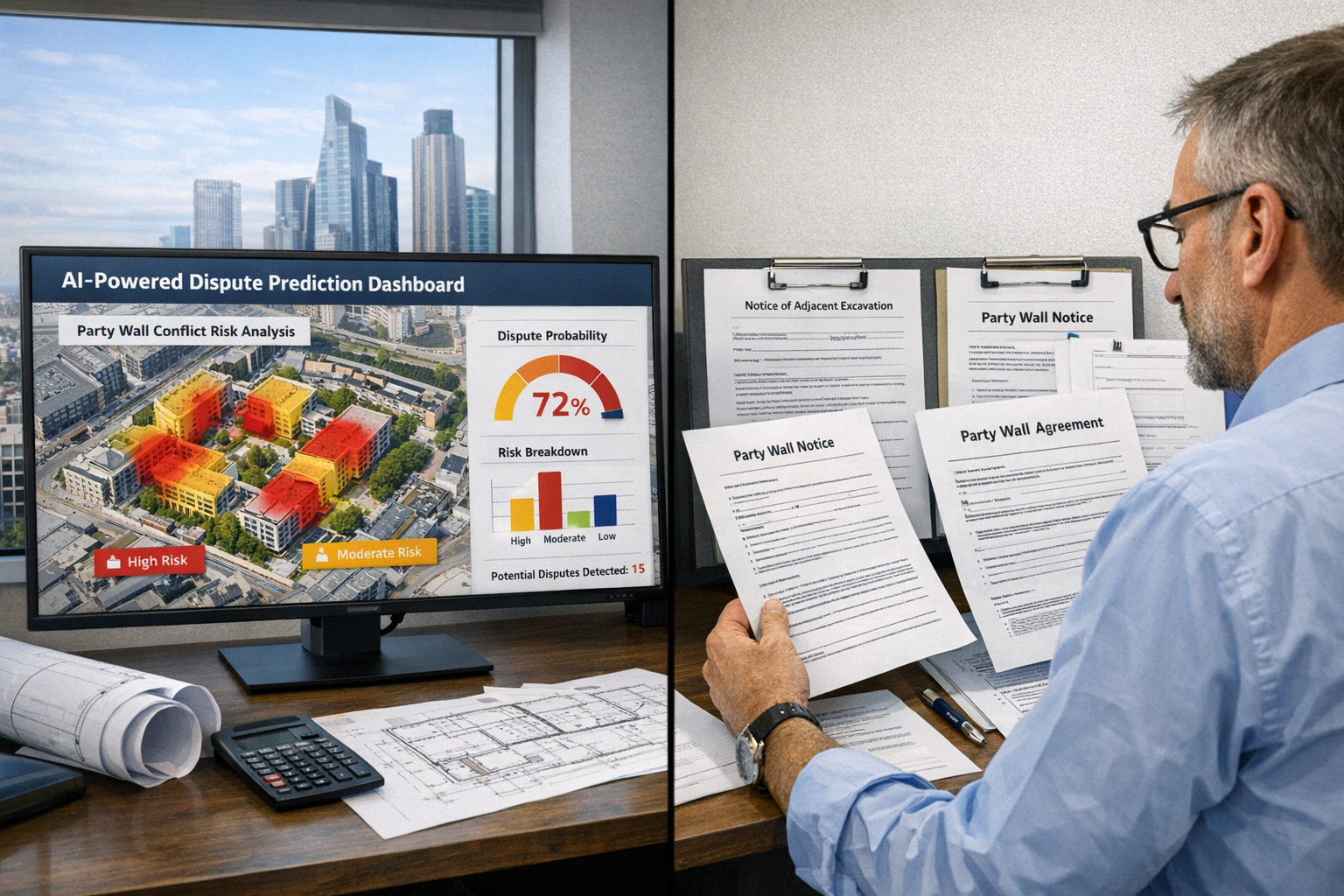 () split-screen composition illustrating AI-powered dispute prediction dashboard on large monitor in modern surveyor office,