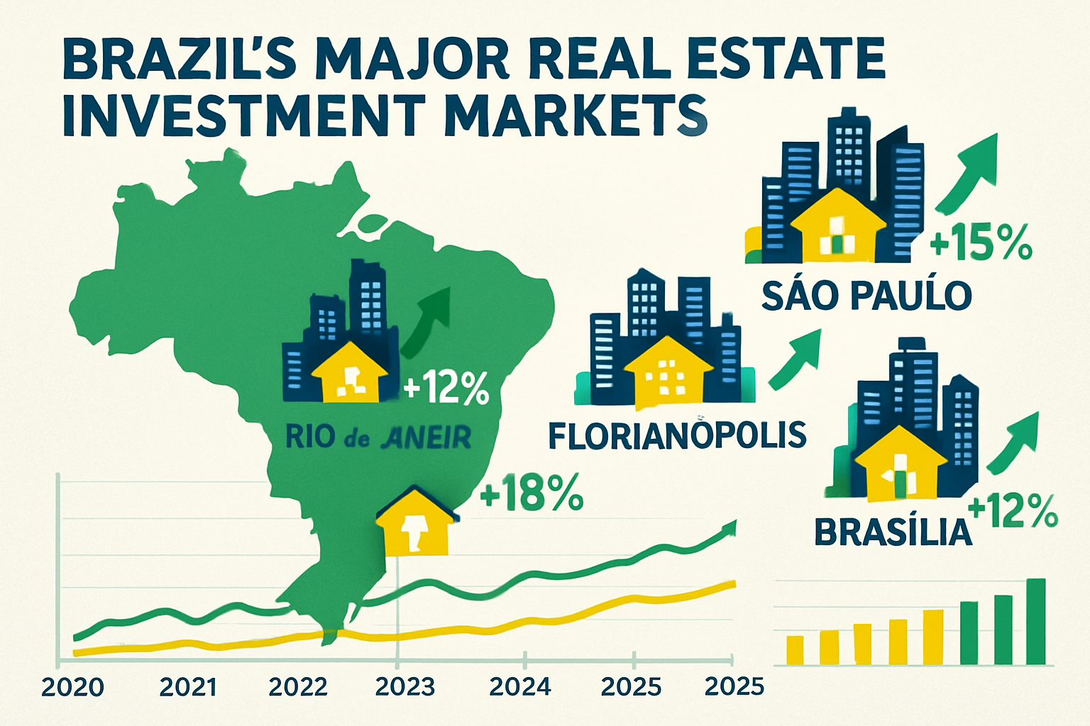 Detailed infographic illustration (1536x1024) showing Brazil's largest real estate investment markets with color-coded map of Brazil highlighted