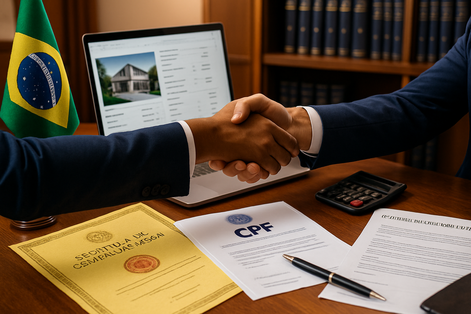 Professional landscape photograph (1536x1024) depicting legal and regulatory aspects of Brazilian real estate investment, showing modern not