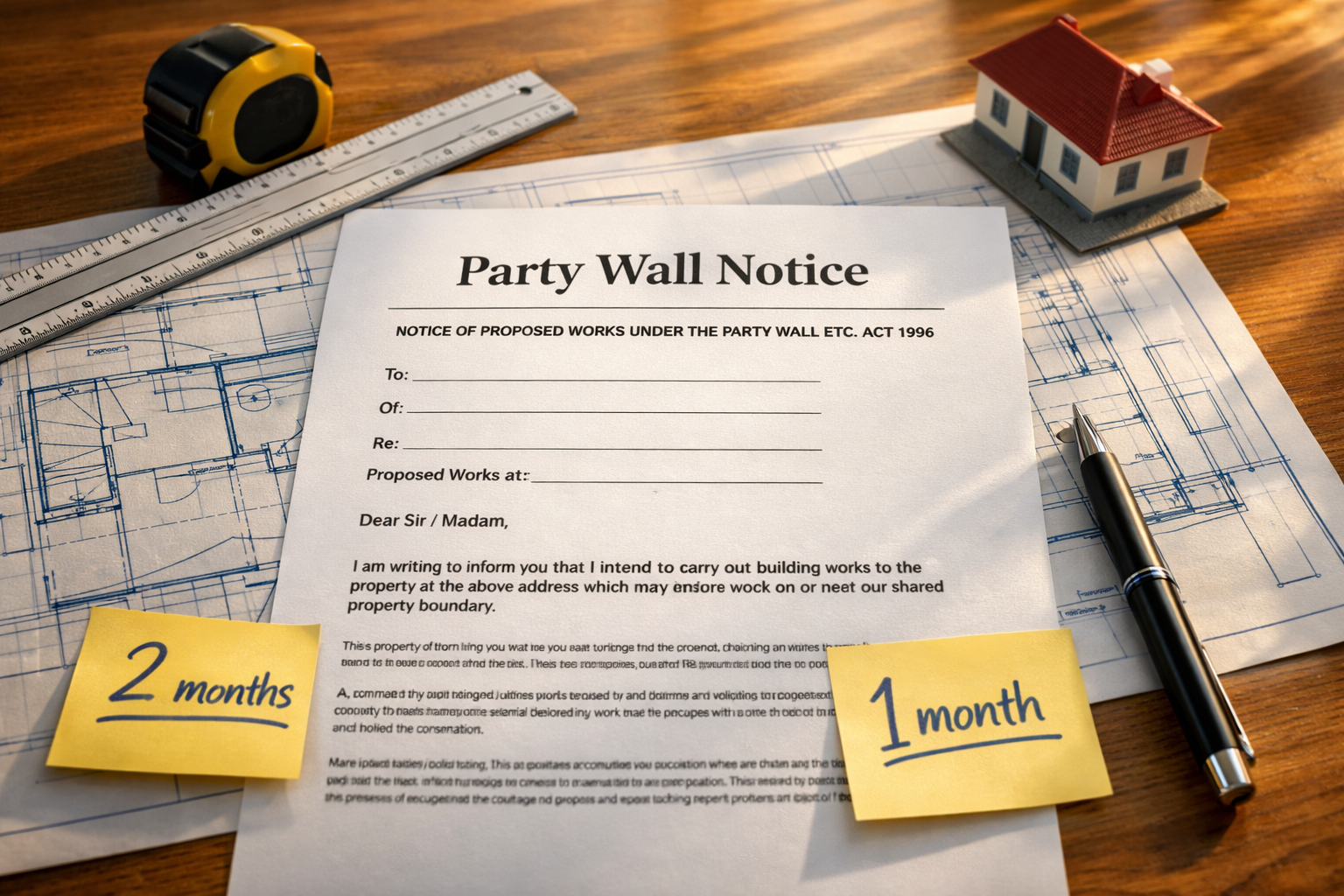 Detailed () image showing close-up of official party wall notice document on wooden desk with architectural floor plans for