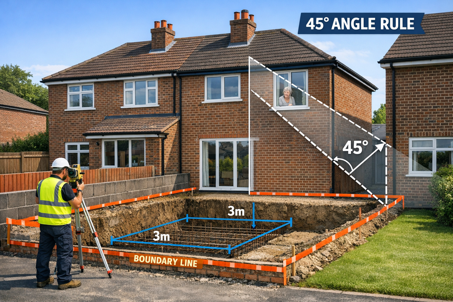 Detailed () image depicting modern residential street scene with two adjoining semi-detached houses, one undergoing rear