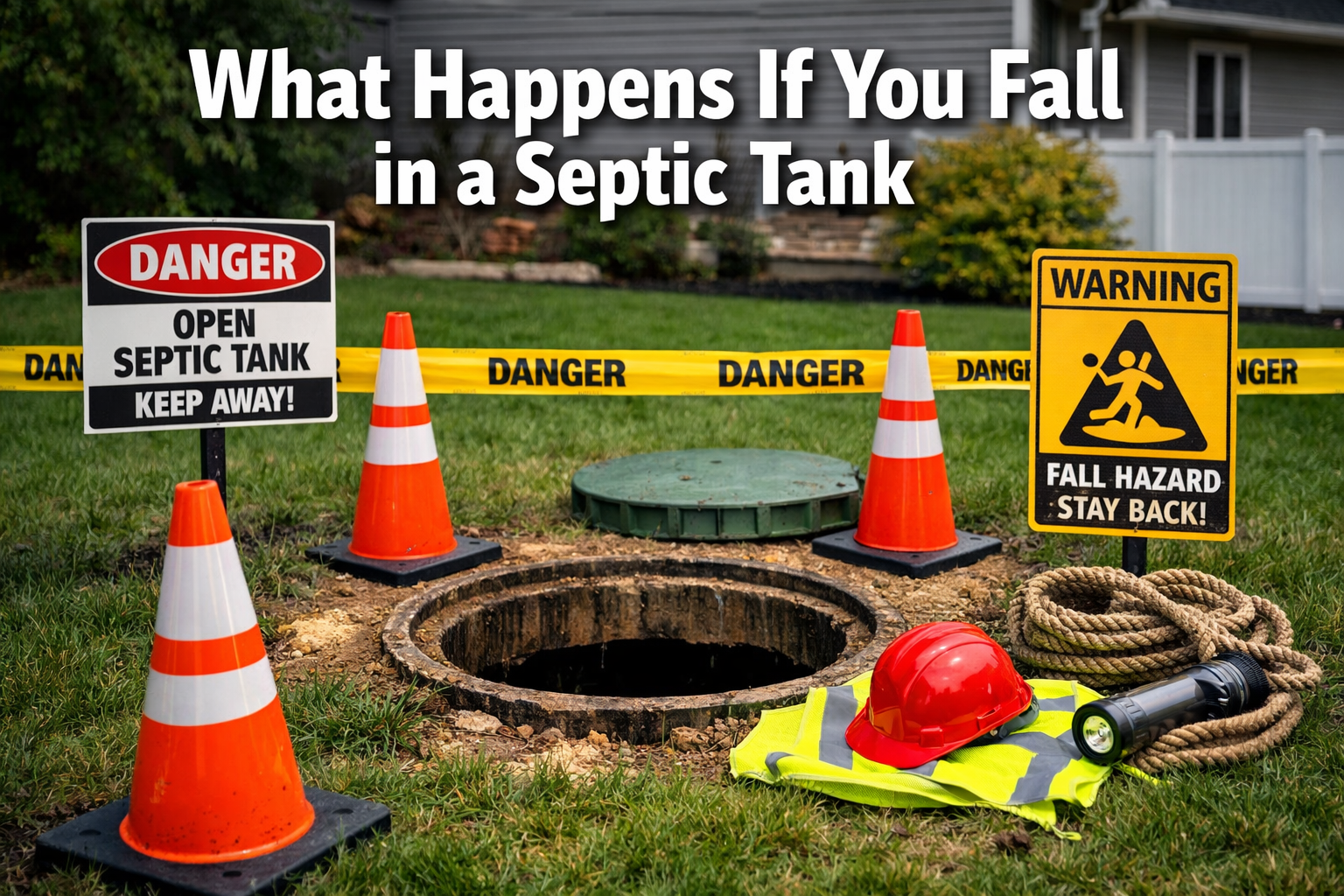 Professional landscape format (1536x1024) emergency safety image with bold text overlay 'What Happens If You Fall in a Septic Tank' in 70pt 