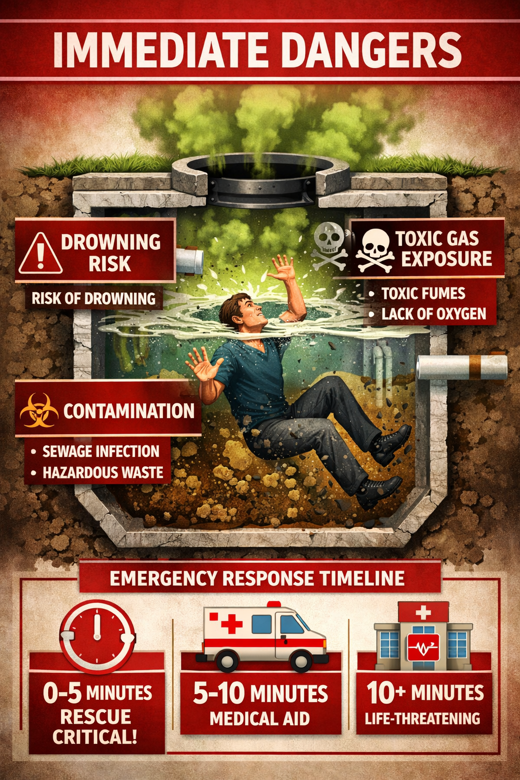 Portrait format (1024x1536) detailed infographic showing immediate dangers of septic tank falls including drowning risk, toxic gas exposure,
