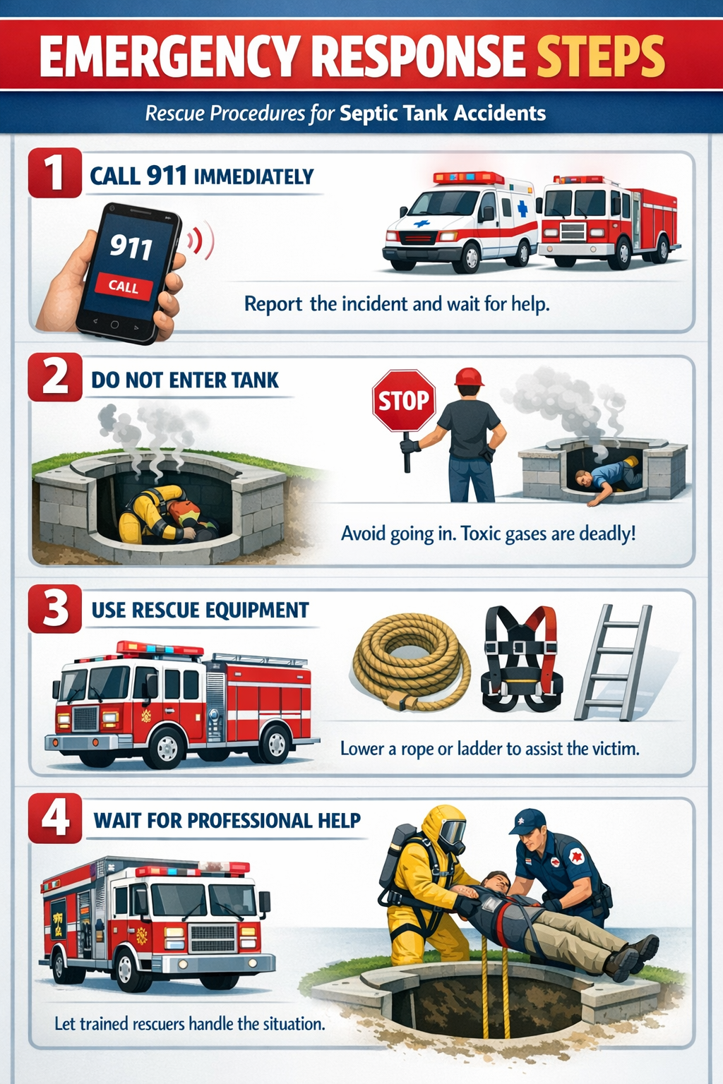 Portrait format (1024x1536) step-by-step emergency response guide showing rescue procedures for septic tank accidents. Visual sequence inclu