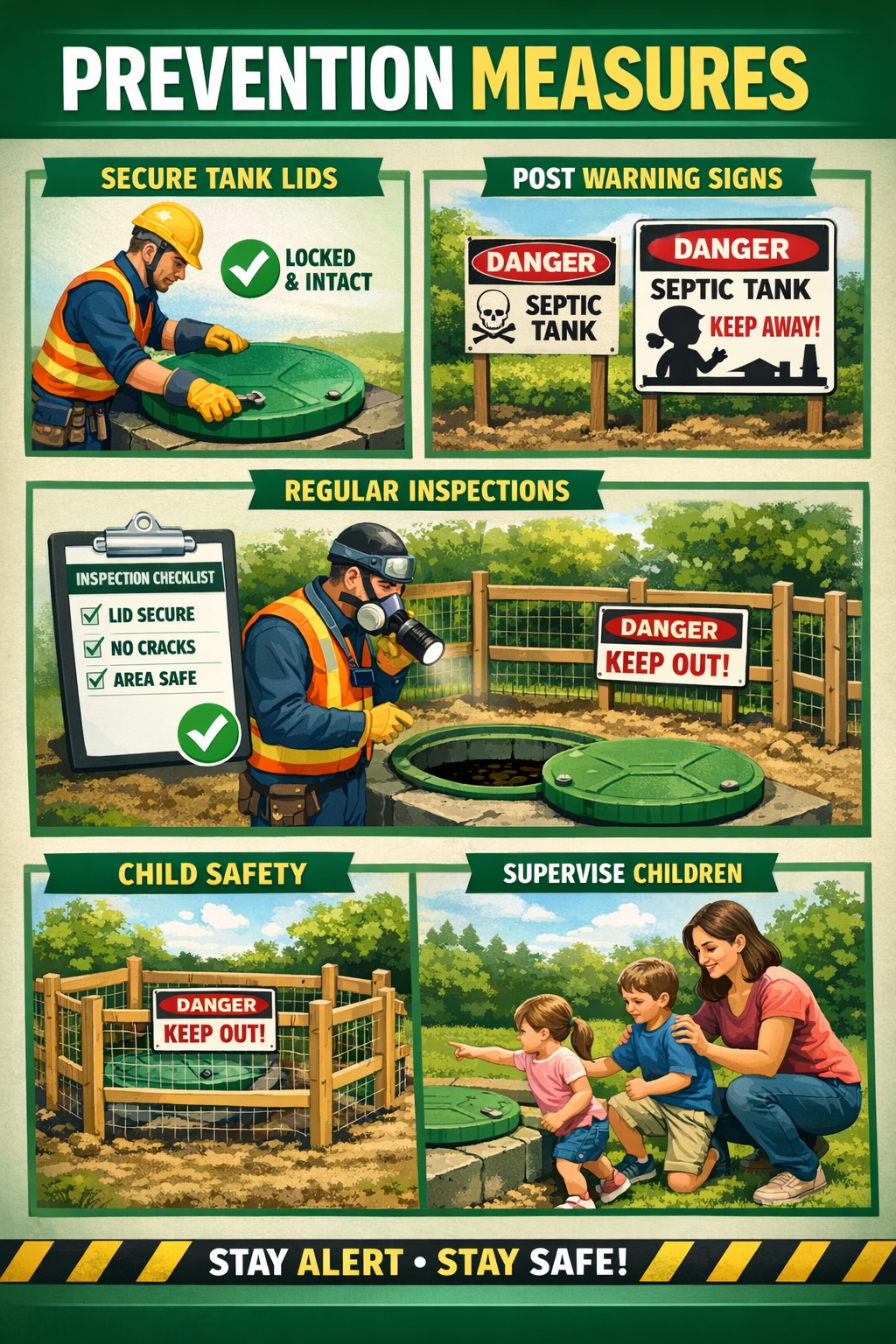 Portrait format (1024x1536) comprehensive septic tank safety prevention guide showing proper lid maintenance, warning signs installation, re