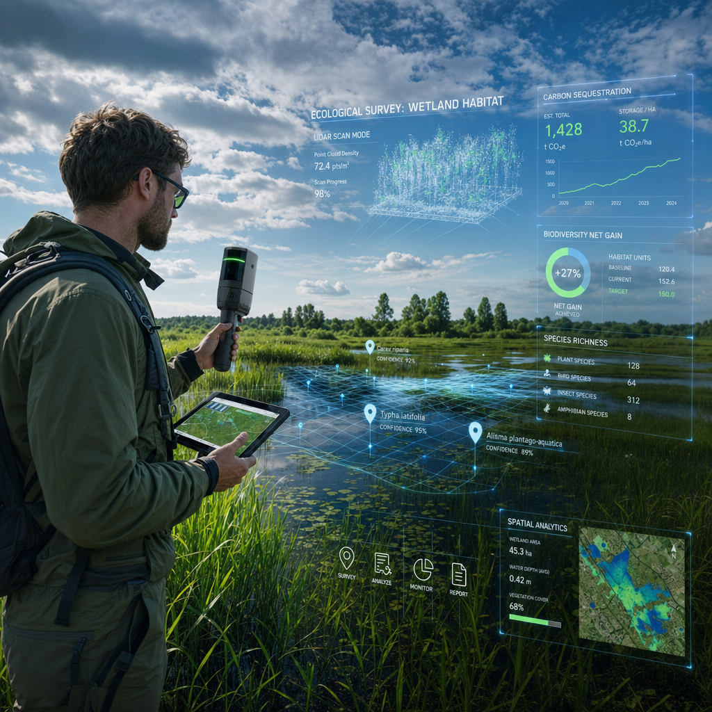 Wide-angle () showing a surveyor using a handheld LiDAR scanner and tablet in a wetland environment, with holographic