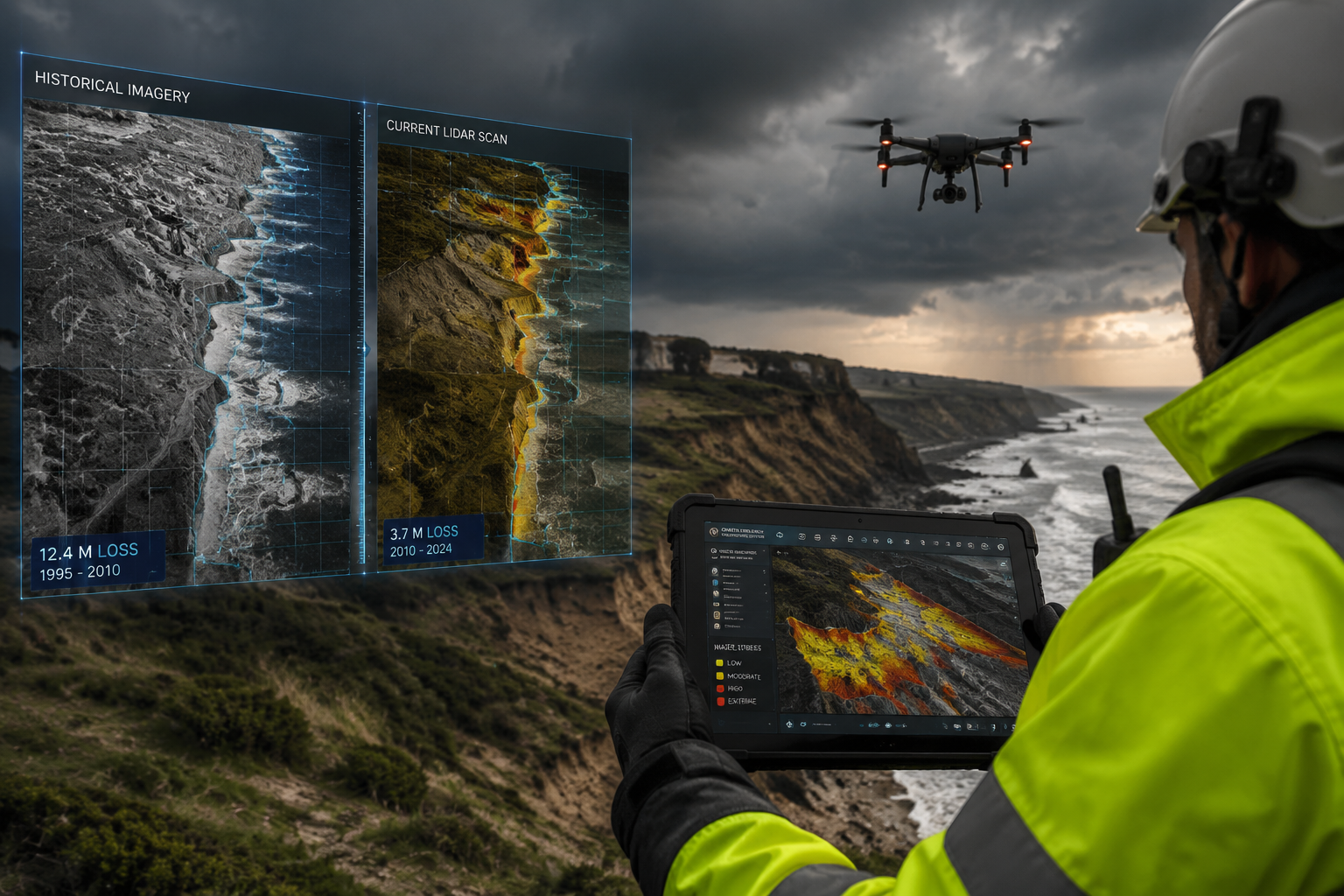 Dramatic low-angle () showing coastal erosion monitoring with drone flying over eroding cliffs, with split-screen digital