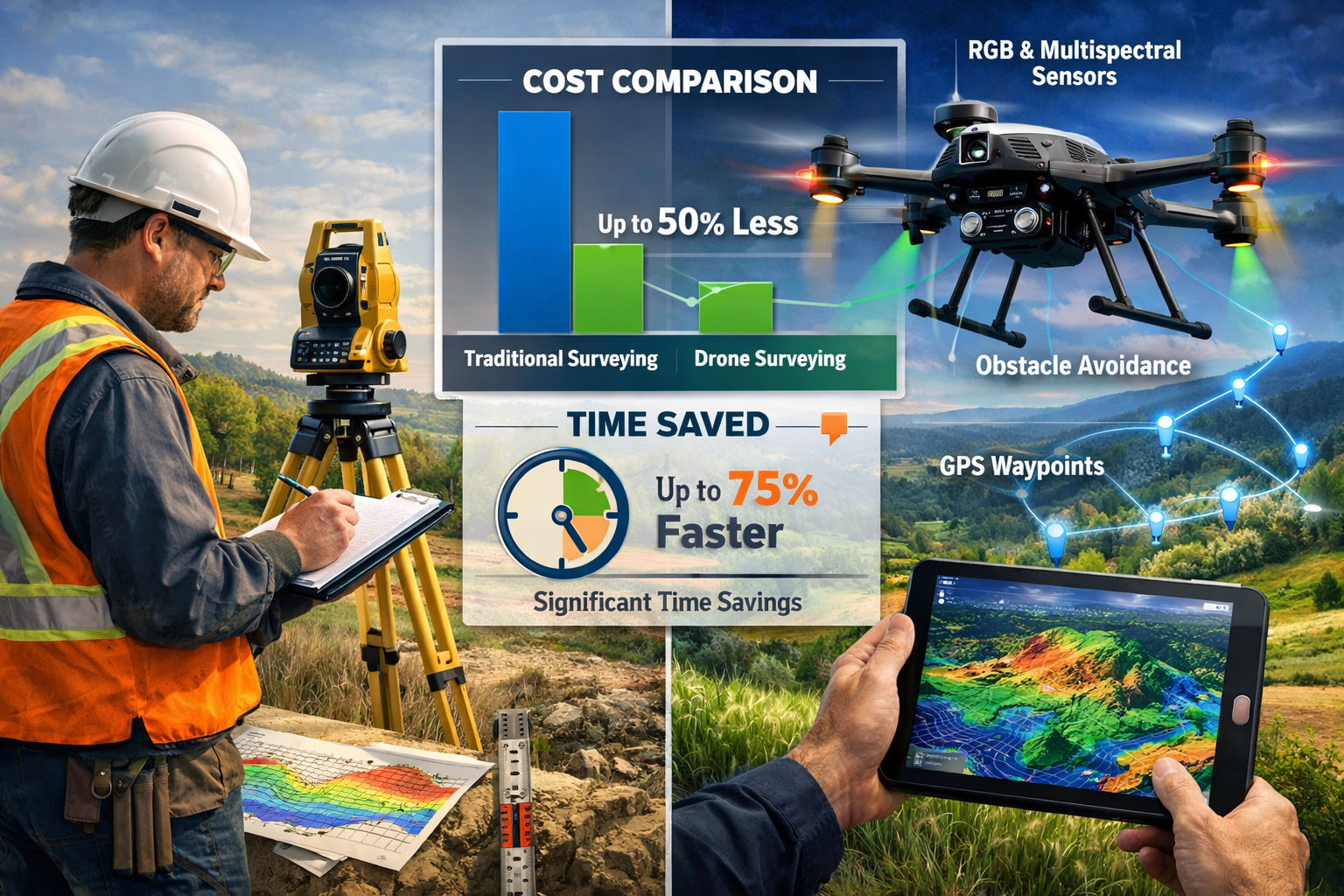 Detailed landscape format (1536x1024) image showing side-by-side comparison of traditional property survey methods versus autonomous drone t