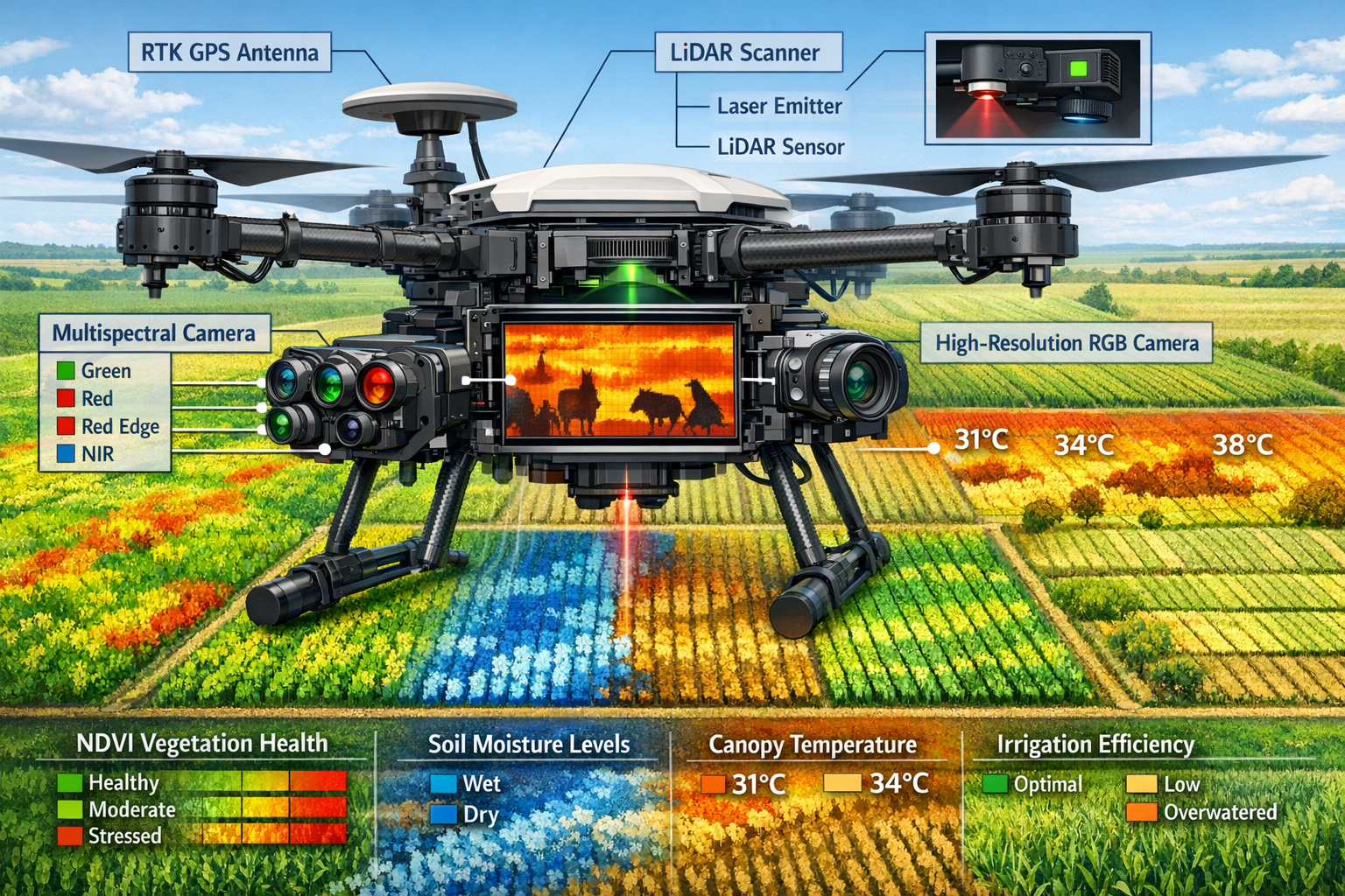 Detailed landscape format (1536x1024) technical illustration showing agricultural drone equipped with multiple sensor arrays in cross-sectio