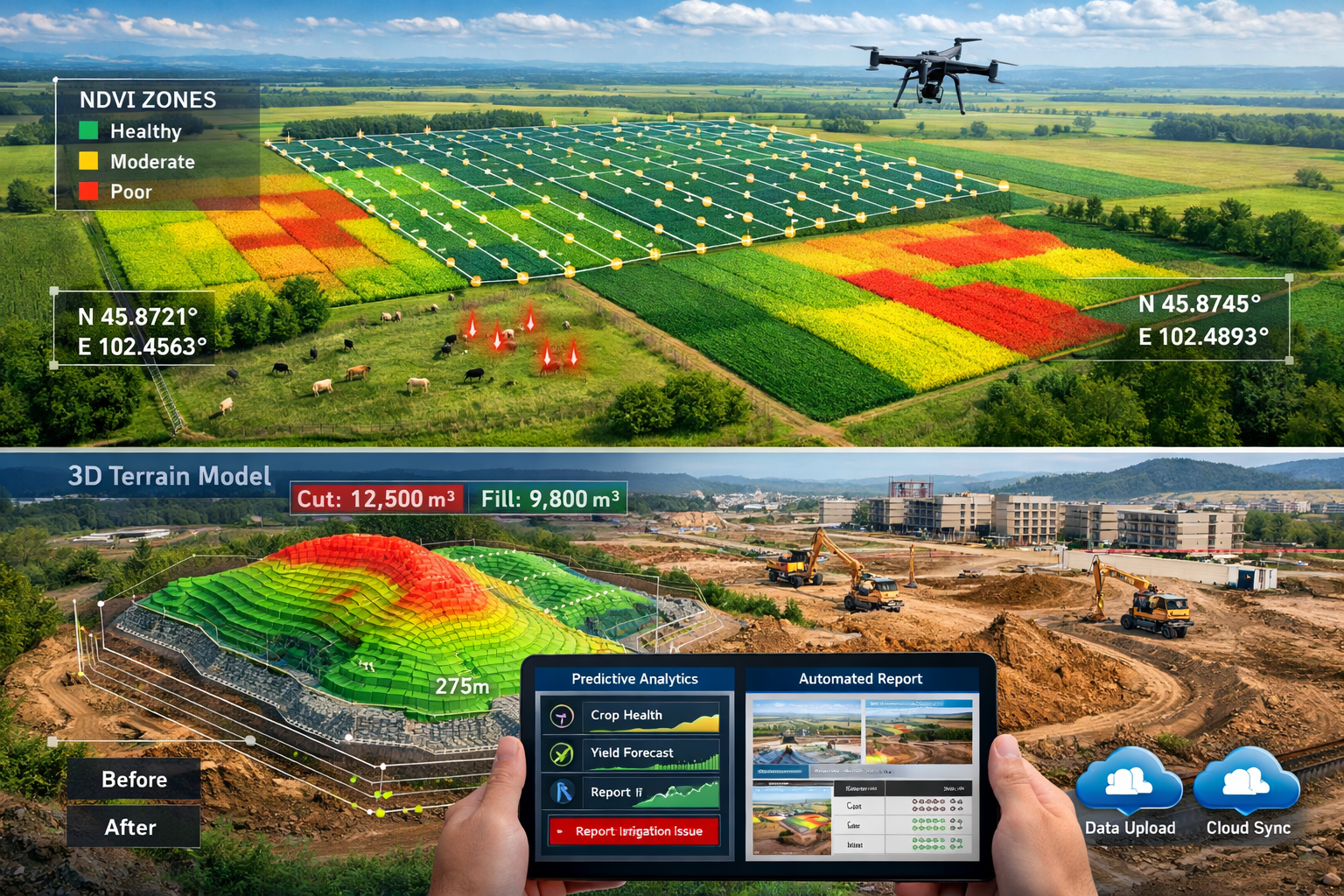 Detailed landscape format (1536x1024) image showcasing real-world drone surveying applications across agriculture and development sectors. T