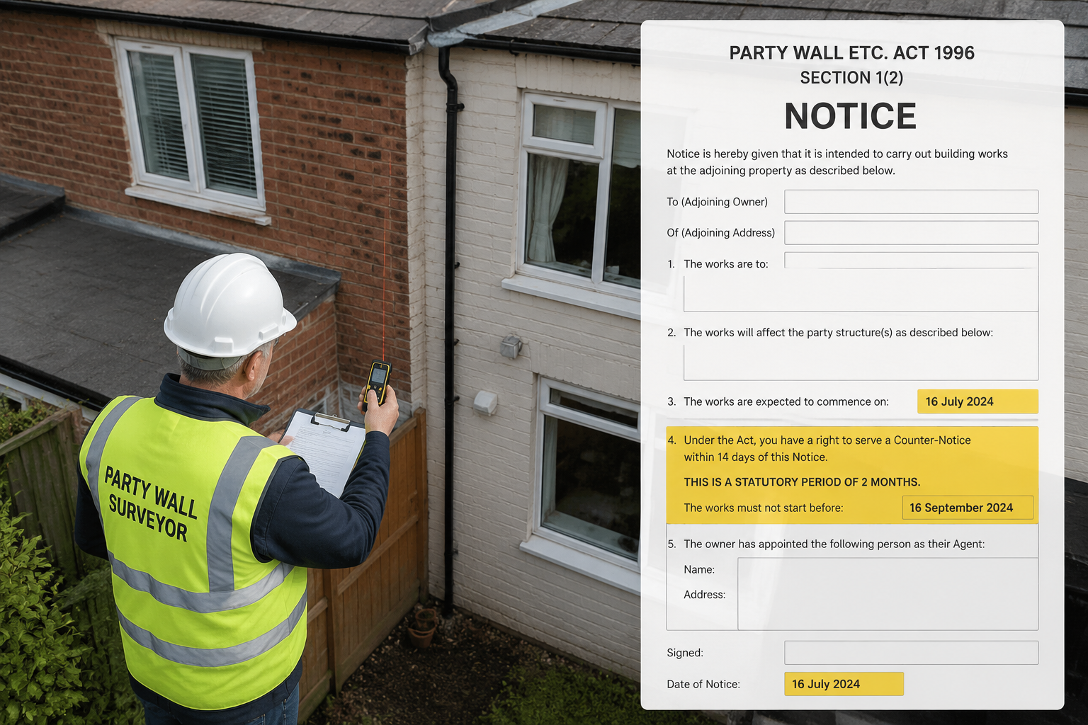 () showing a close-up aerial view of two British semi-detached houses sharing a party wall, with a surveyor in