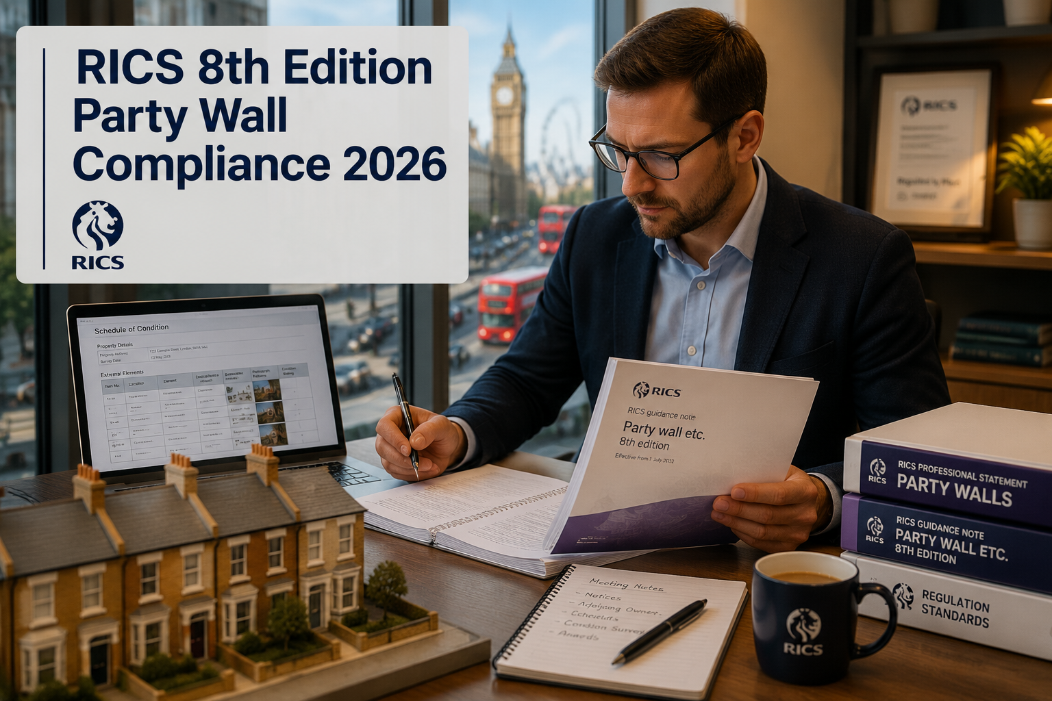 () showing a professional property surveyor seated at a modern desk reviewing RICS 8th edition party wall guidance documents