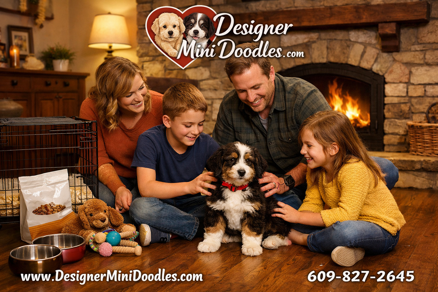 () heartwarming family scene in a cozy Tennessee living room with hardwood floors and a stone fireplace. A mini bernedoodle