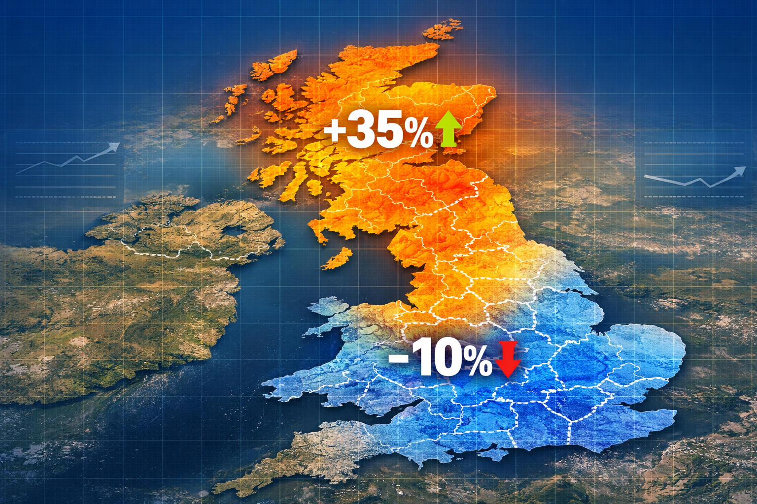 Wide-angle aerial photograph of UK regional map overlaid with heat-map price data visualization — warm amber tones over