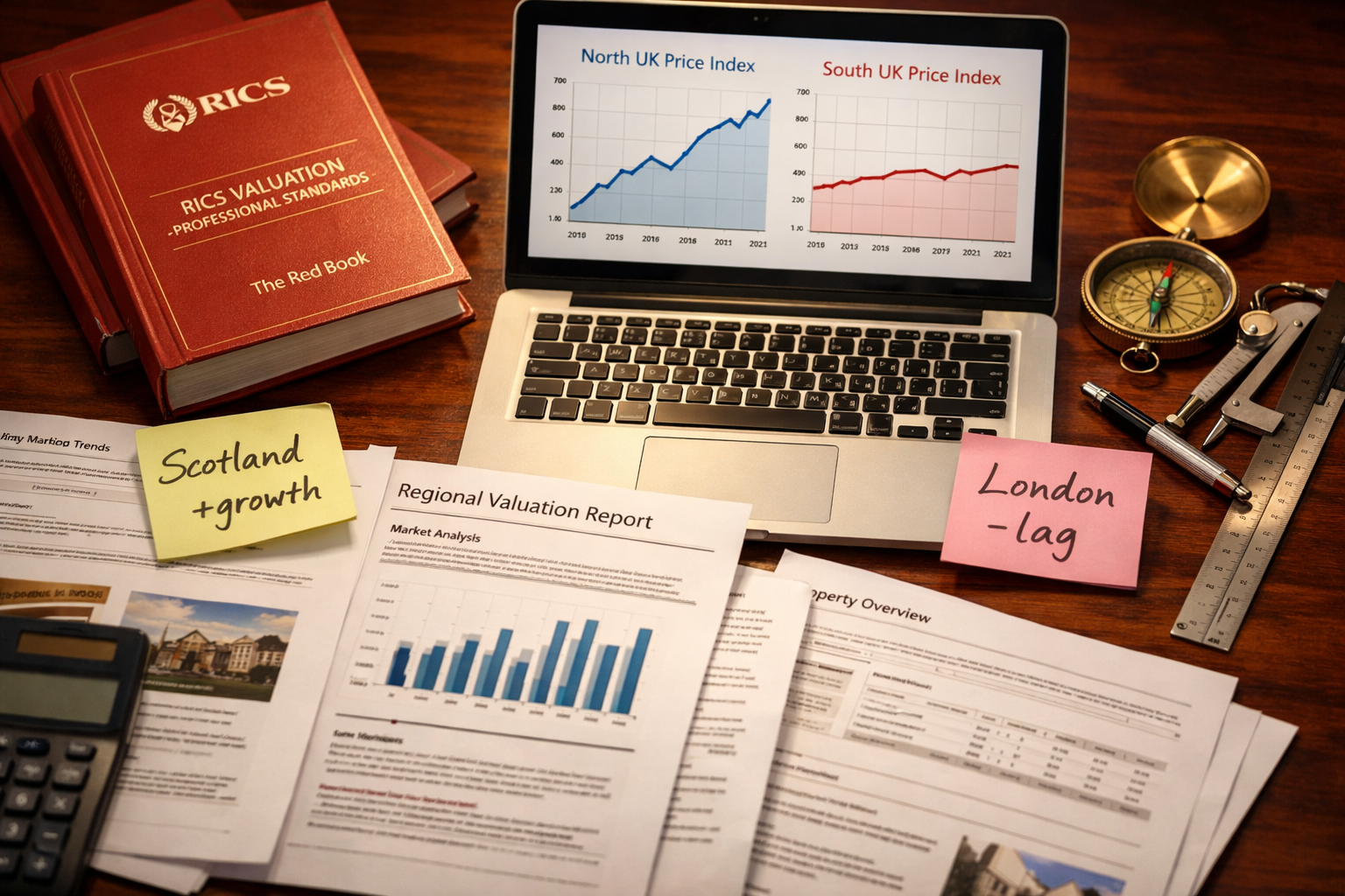 Close-up overhead shot of a RICS-accredited surveyor's desk with printed regional valuation reports spread across a mahogany