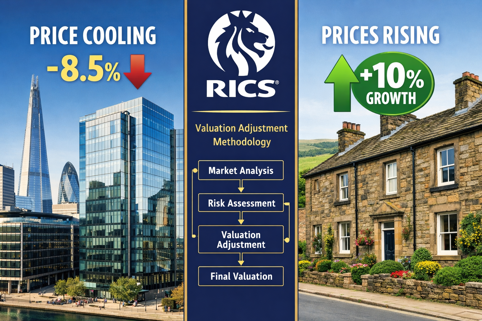 Split composition landscape image showing two contrasting UK property scenes side by side — left panel: a modern glass