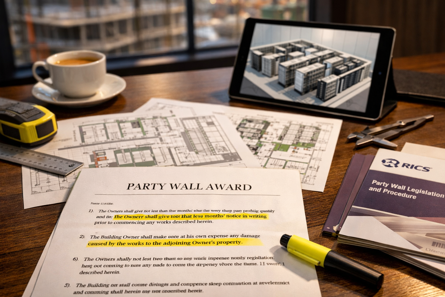 Detailed () image showing close-up of professional surveyor's desk with formal party wall award document in foreground,