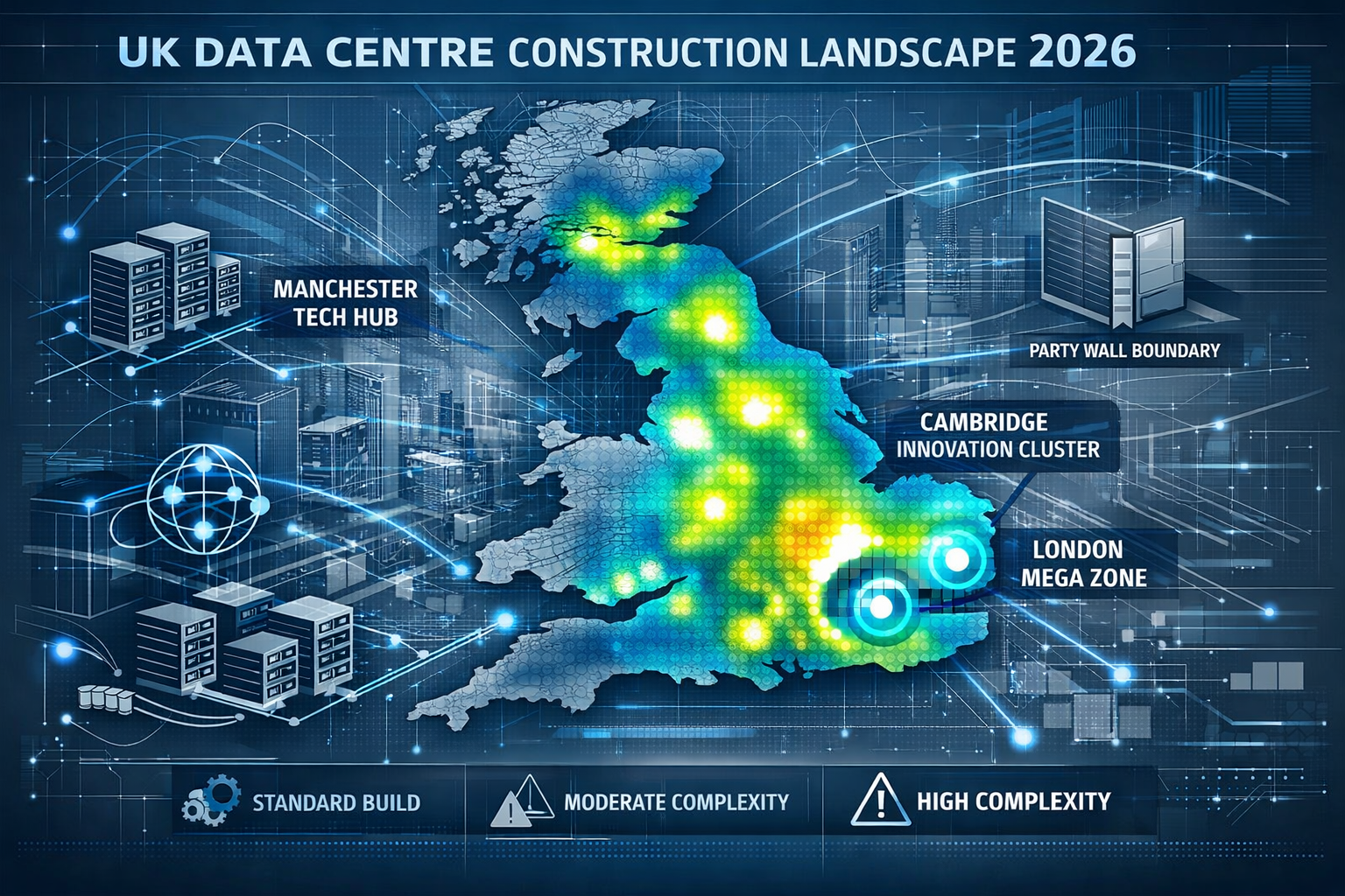 Landscape editorial infographic visualizing the 2026 data centre construction landscape, featuring a dynamic architectural