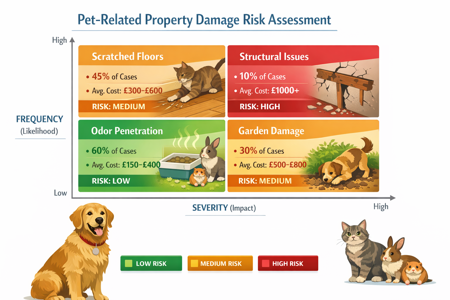 Comprehensive () infographic-style image displaying risk assessment matrix for pet-related property damage. Visual includes