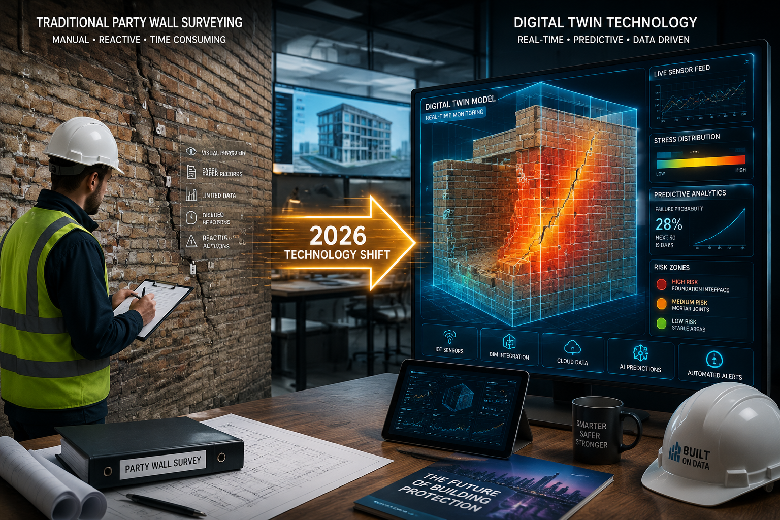 Detailed () infographic-style illustration showing the evolution from traditional party wall surveying to digital twin