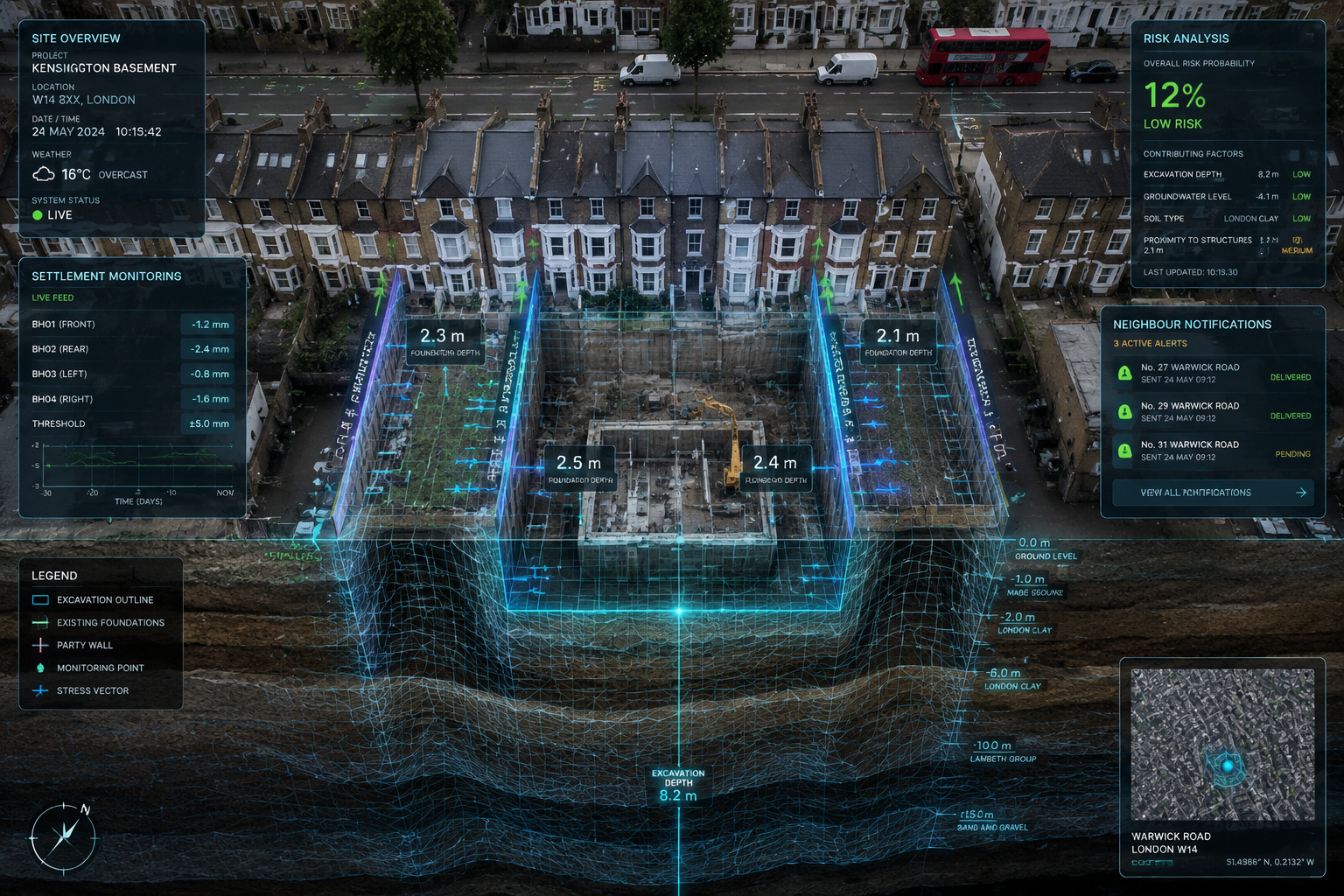 Detailed () top-down aerial perspective showing an urban London street of Victorian terraced houses with a deep basement