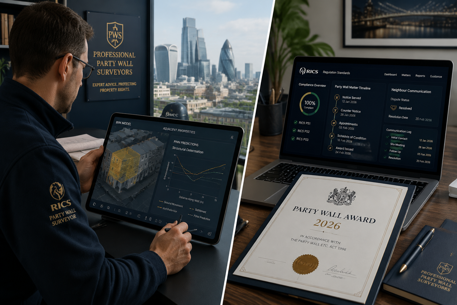 Detailed () split-screen composition showing a professional party wall surveyor on the left reviewing a digital tablet