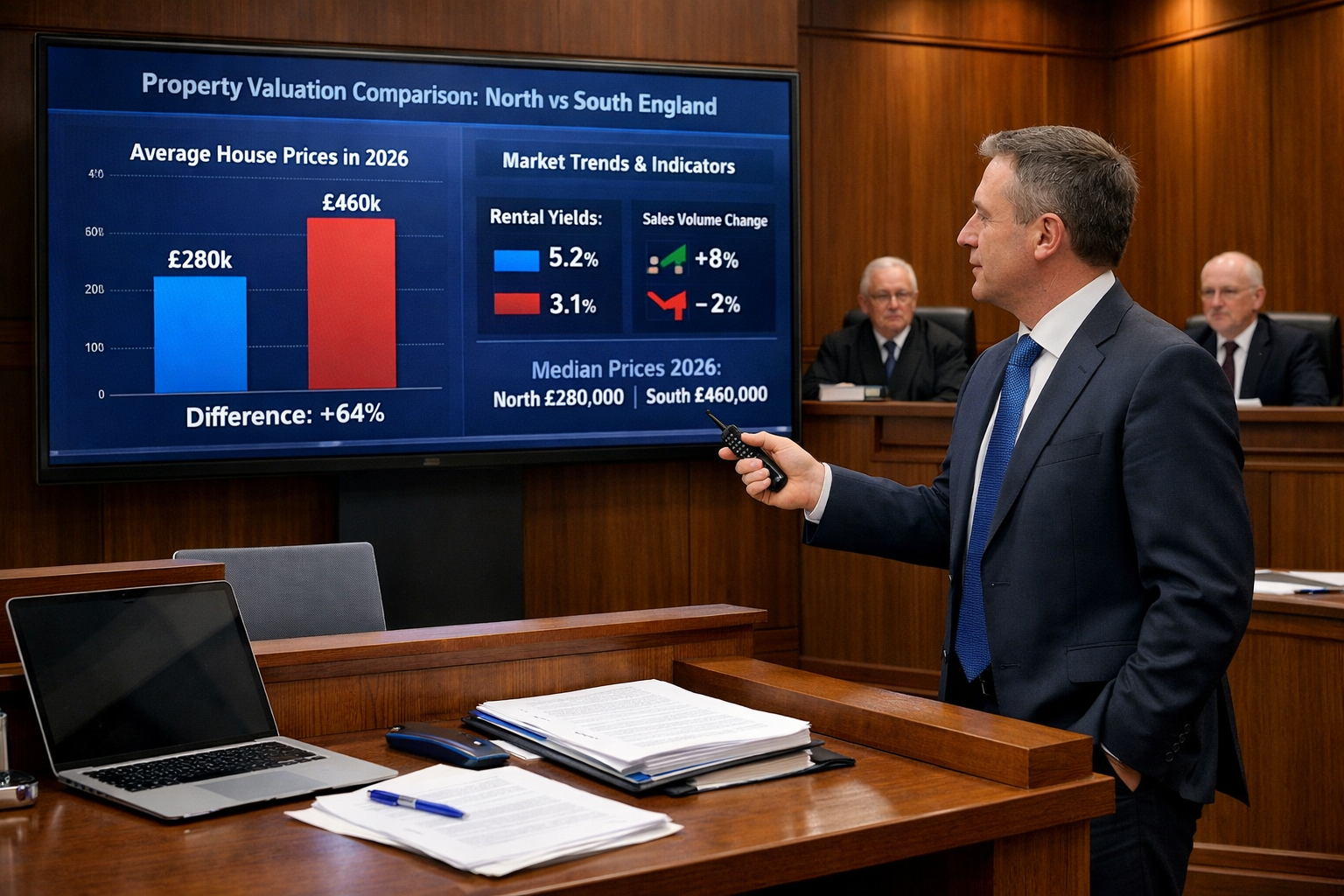 Detailed () image showing professional courtroom or tribunal setting with expert witness stand in foreground, RICS-qualified