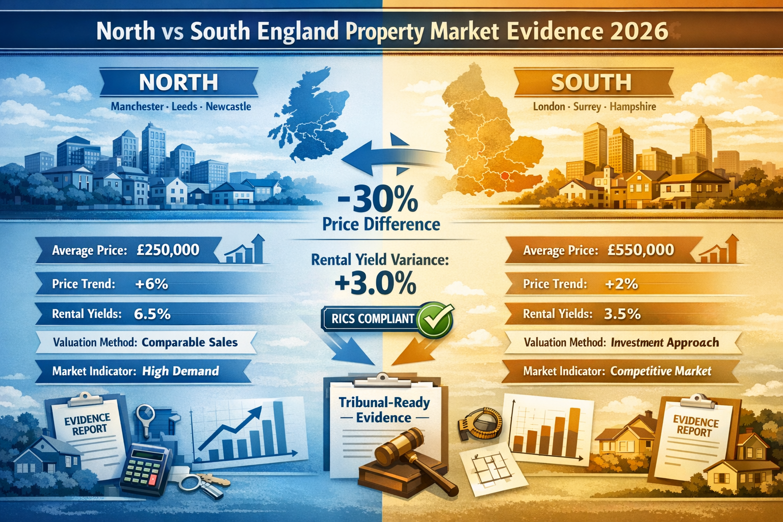 Detailed () infographic-style image displaying split comparison chart titled 'North vs South England Property Market