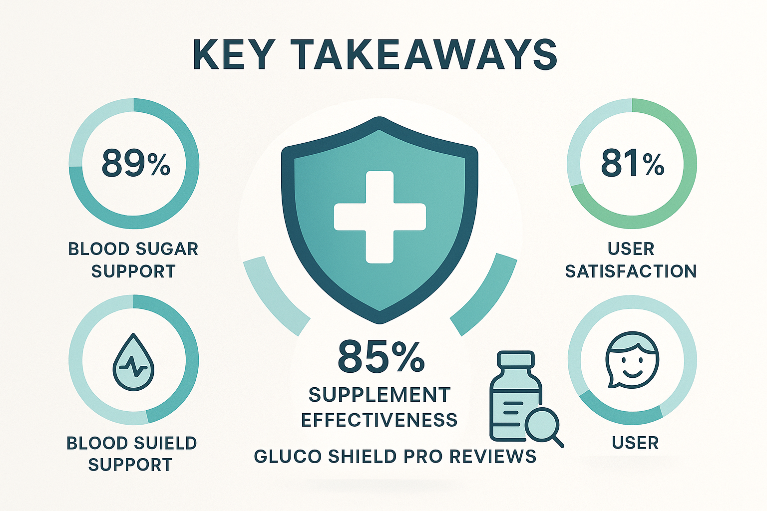 Key Takeaways section infographic: A clean, modern dashboard-style visualization displaying critical insights about Gluco Shield Pro Reviews