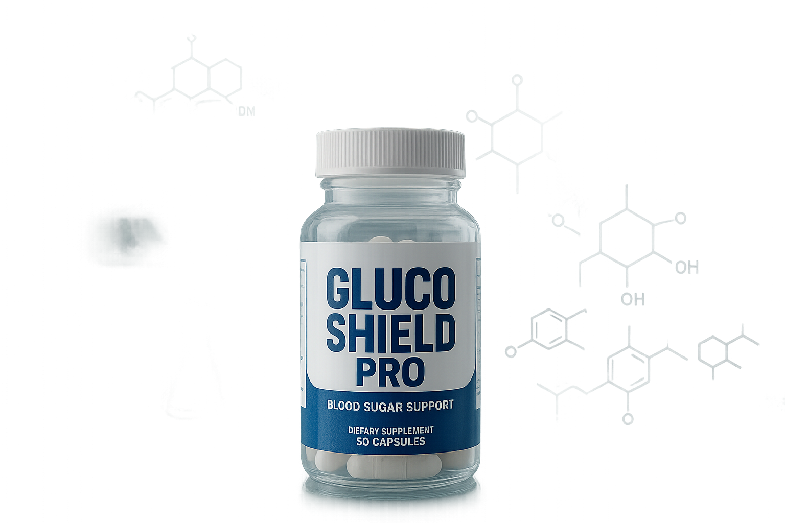 What Is Gluco Shield Pro supplement overview image: Photorealistic medical research laboratory setting with a transparent glass supplement b
