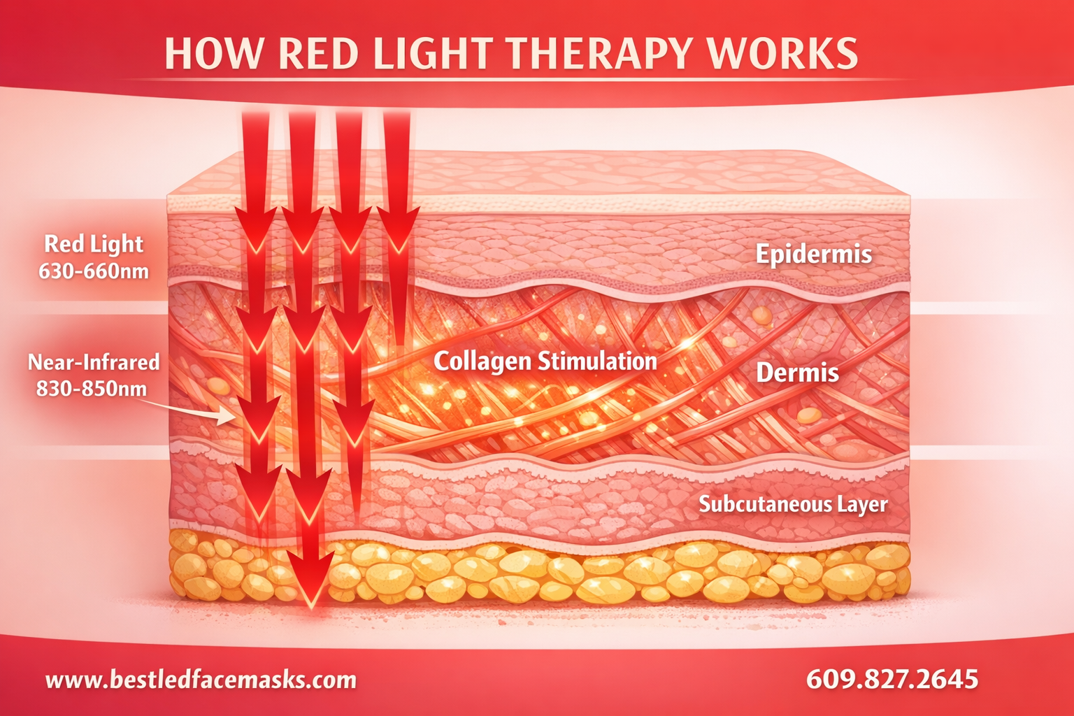 () educational infographic showing how red light therapy works on skin layers. Cross-section diagram of human skin with
