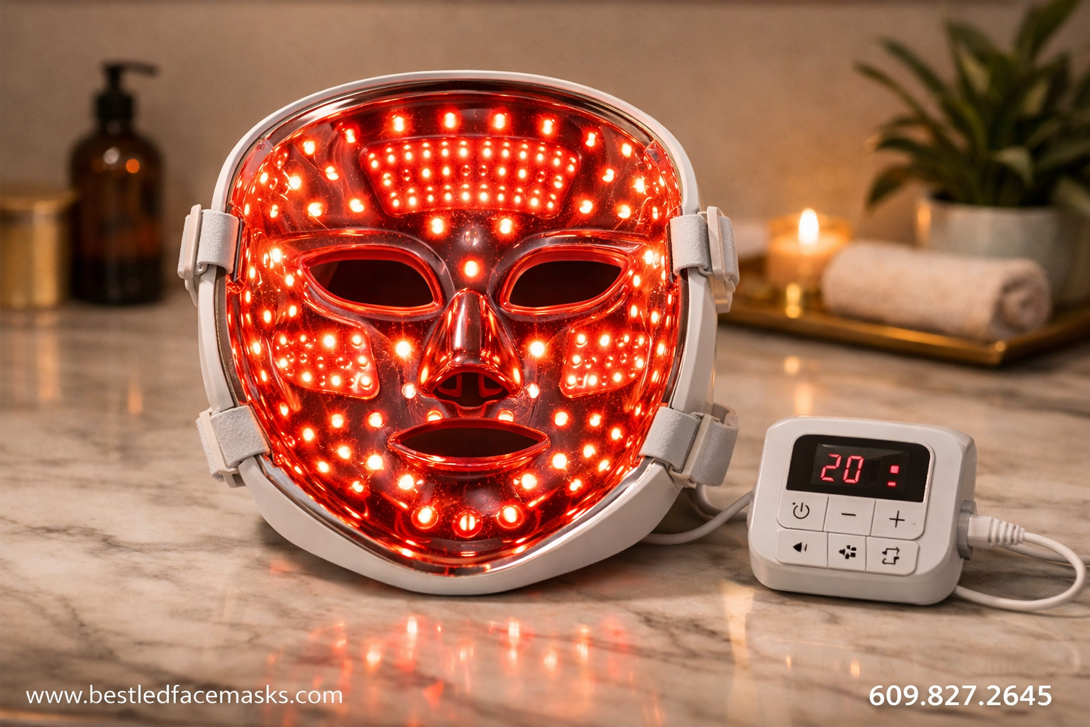 () detailed product-style photograph of a high-end LED face mask device displayed on a marble countertop with soft lighting.