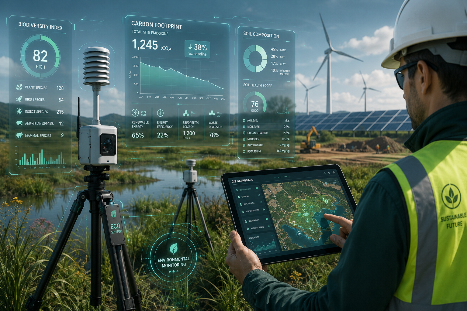 () editorial illustration showing advanced ecological sensors mounted on survey tripods in a wetland environment, with