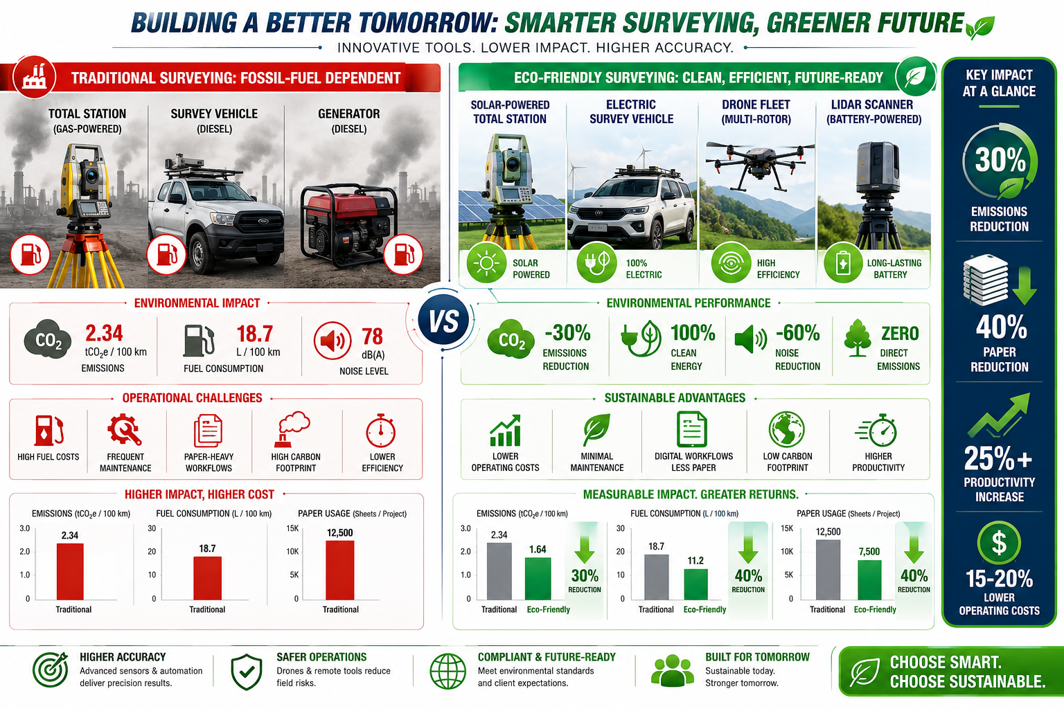() detailed split-screen infographic comparing traditional vs eco-friendly surveying tools: left side shows fossil-fuel
