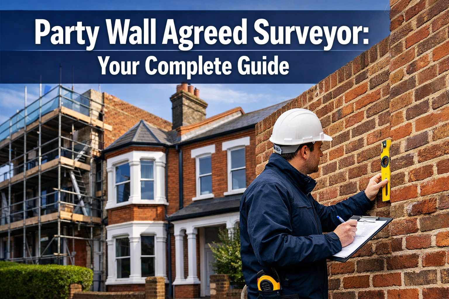 Professional landscape hero image (1536x1024) featuring bold text overlay 'Party Wall Agreed Surveyor: Your Complete Guide' in extra large 7