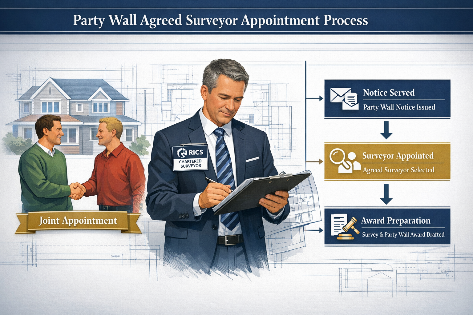 Detailed infographic illustration (1536x1024) showing the party wall agreed surveyor appointment process with three distinct sections: left