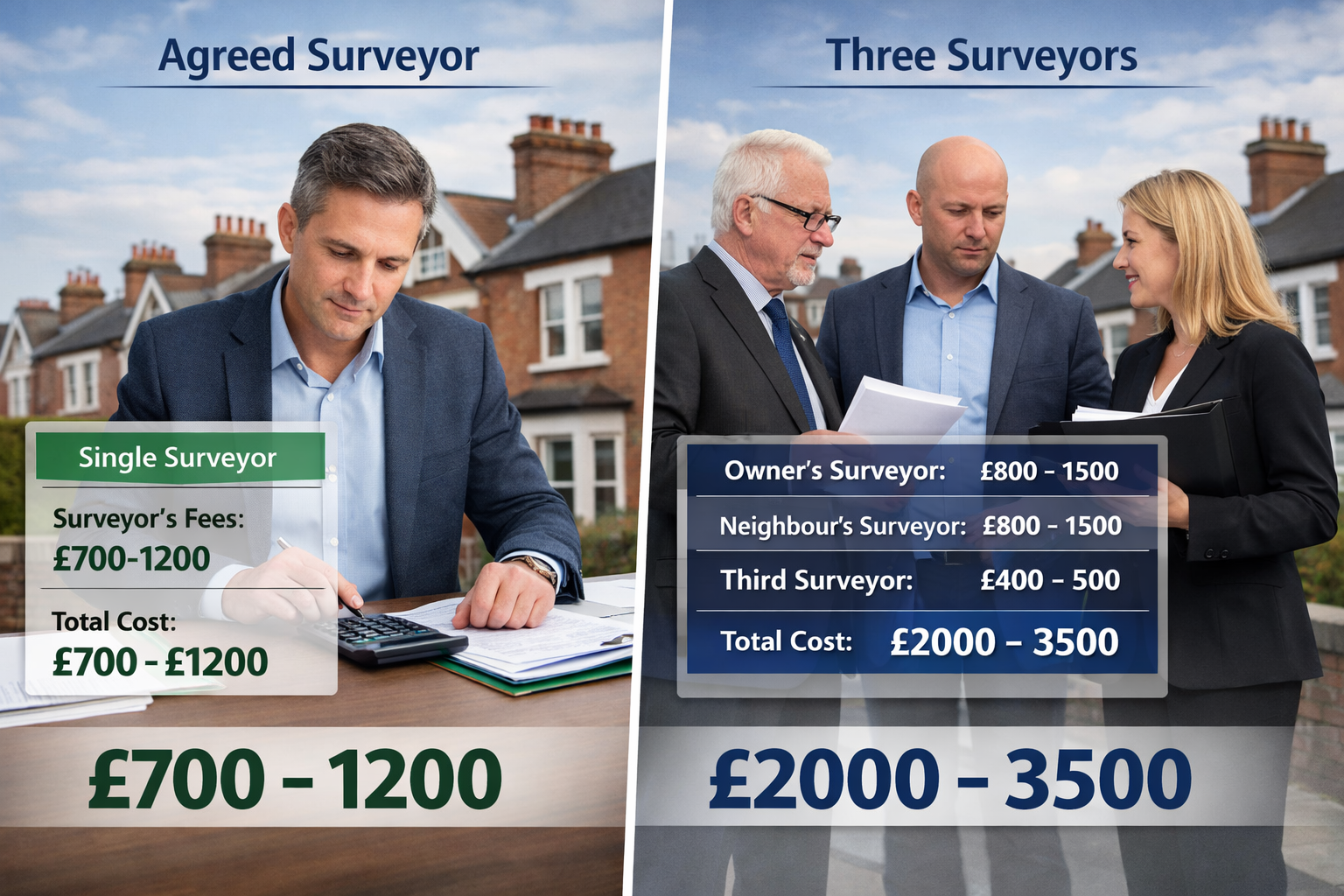 Professional landscape photograph (1536x1024) depicting cost breakdown comparison for party wall surveyor fees with split-screen composition