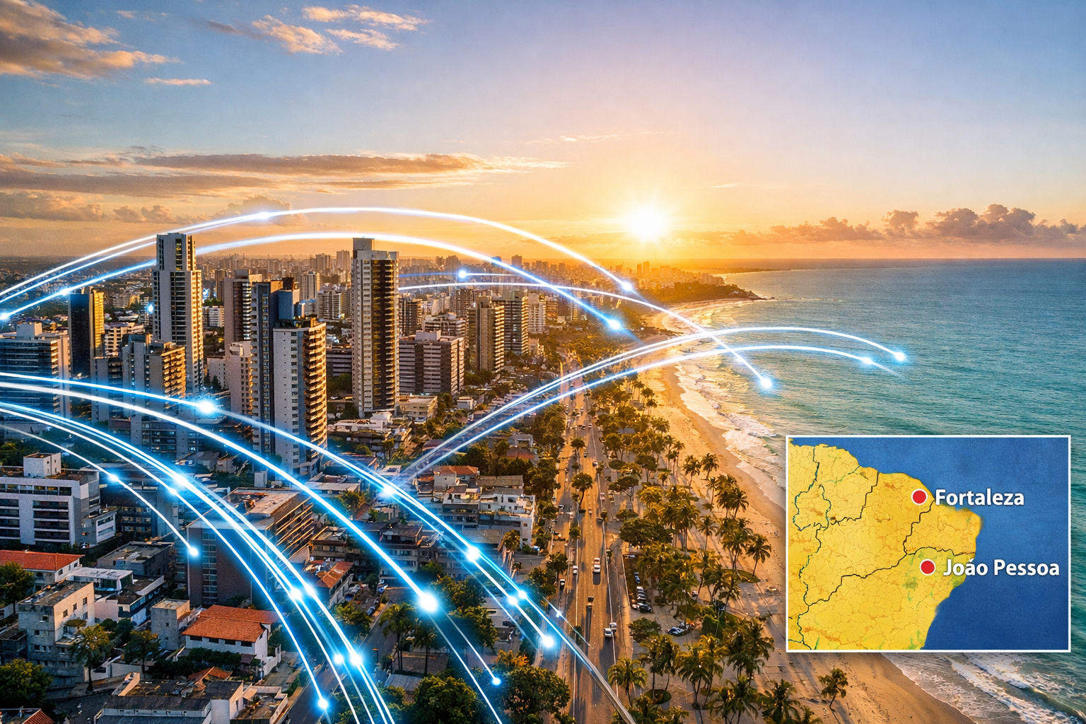 Wide-angle aerial drone shot of João Pessoa's Jardim Oceania and Cabo Branco beachfront neighborhoods at sunrise, showing