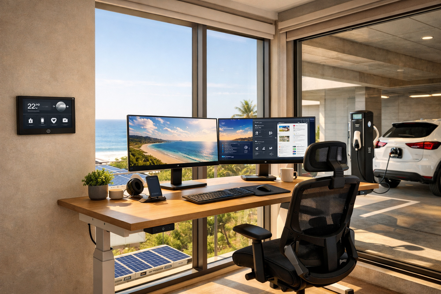 Close-up interior lifestyle photograph of a sleek fiber-enabled home office inside a modern coastal condo unit in Brazil,