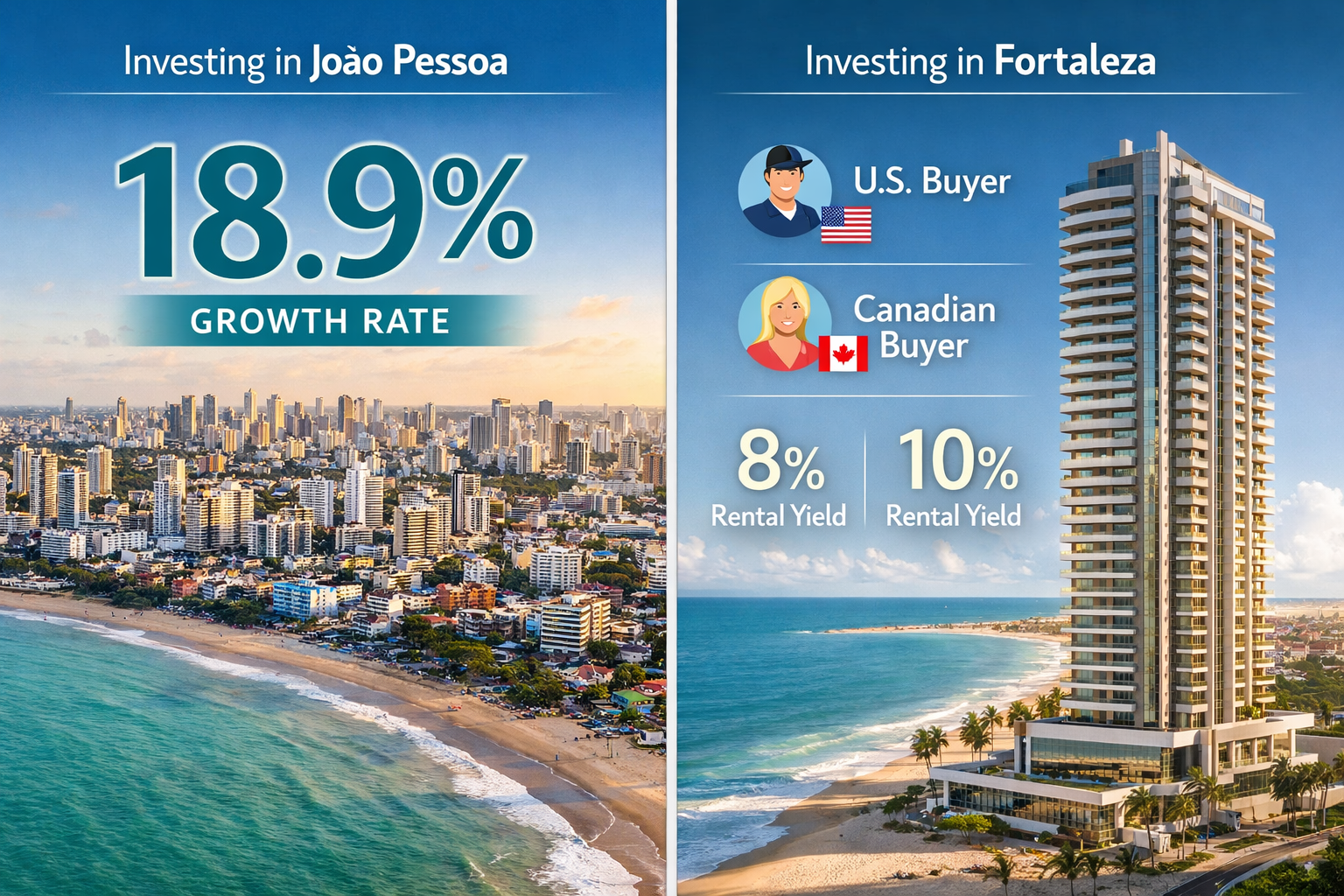 Split-composition infographic-style image showing two side-by-side real estate investment comparison panels: left panel