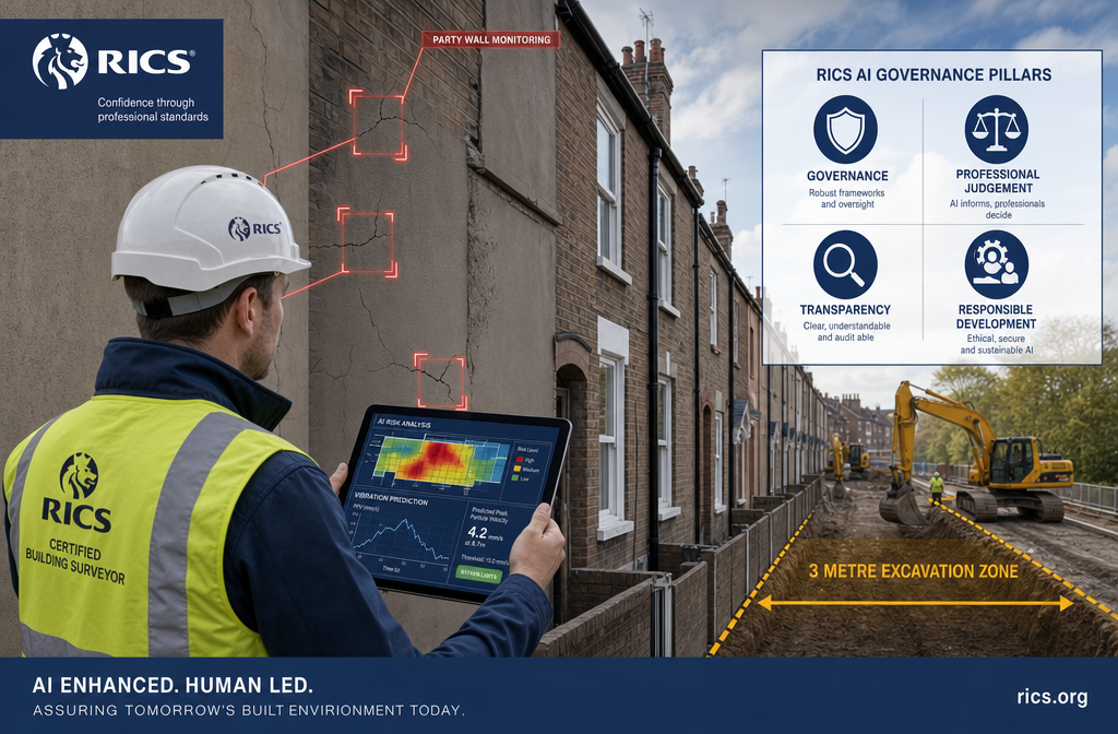Wide-angle editorial illustration showing a RICS-certified surveyor in hard hat and hi-vis vest standing beside a terraced