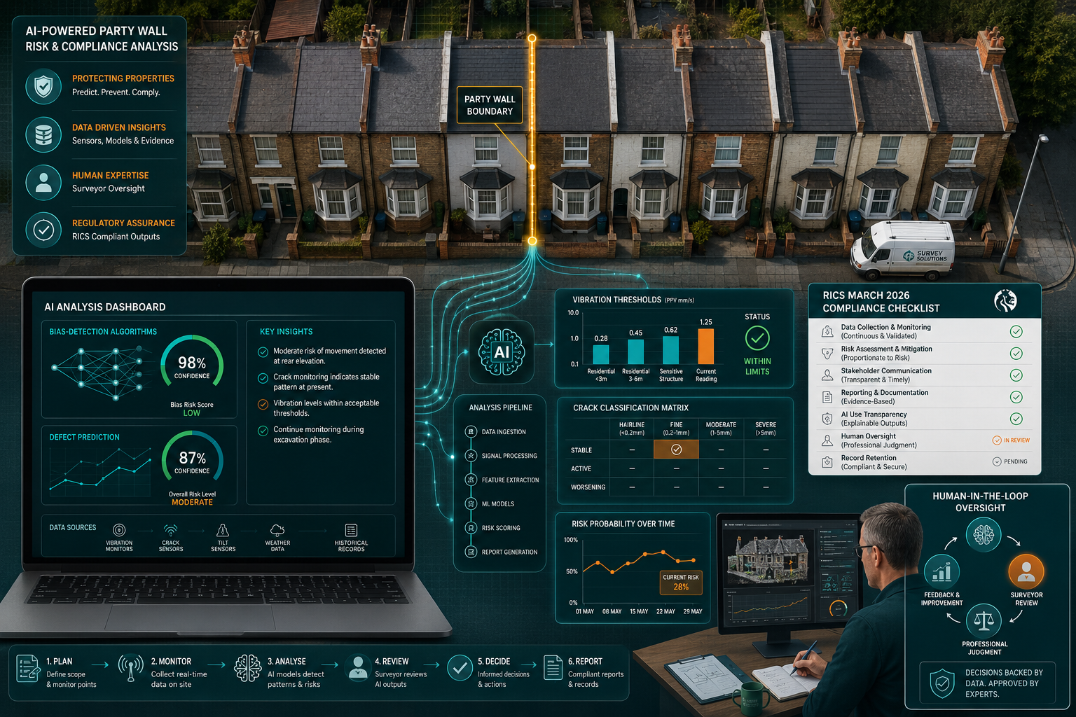 Overhead bird's-eye infographic-style illustration showing a row of terraced UK houses with a party wall boundary line