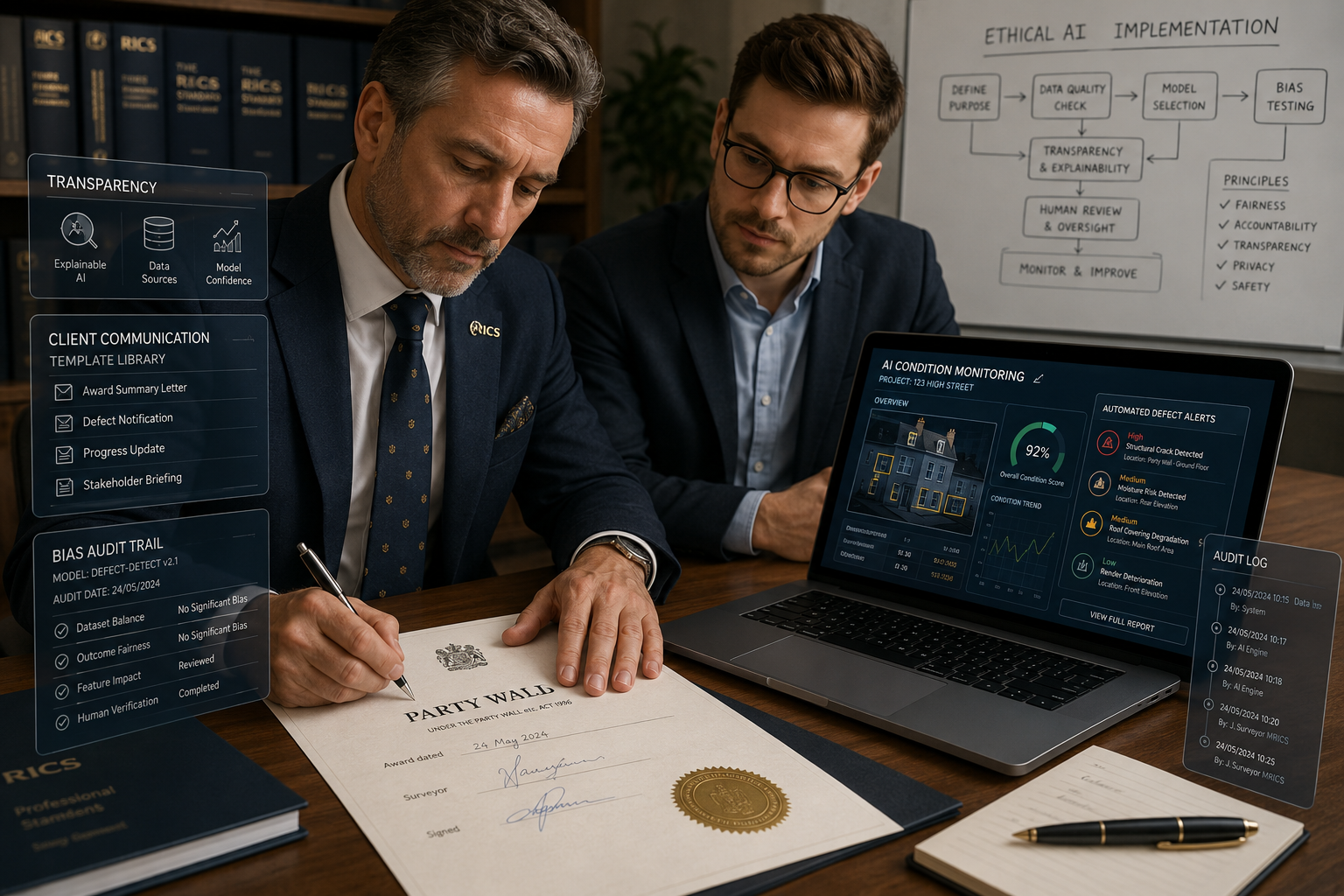 Close-up editorial photograph concept showing two chartered surveyors at a desk reviewing a party wall award document
