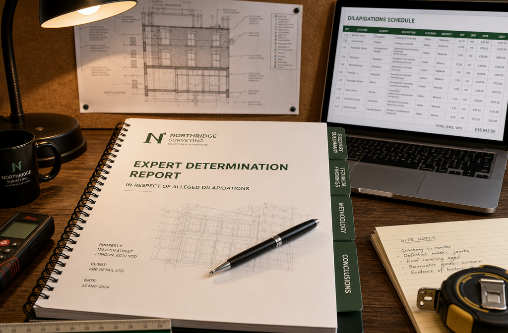 () close-up concept image of a surveyor's desk showing a neatly organized expert determination report with clear section