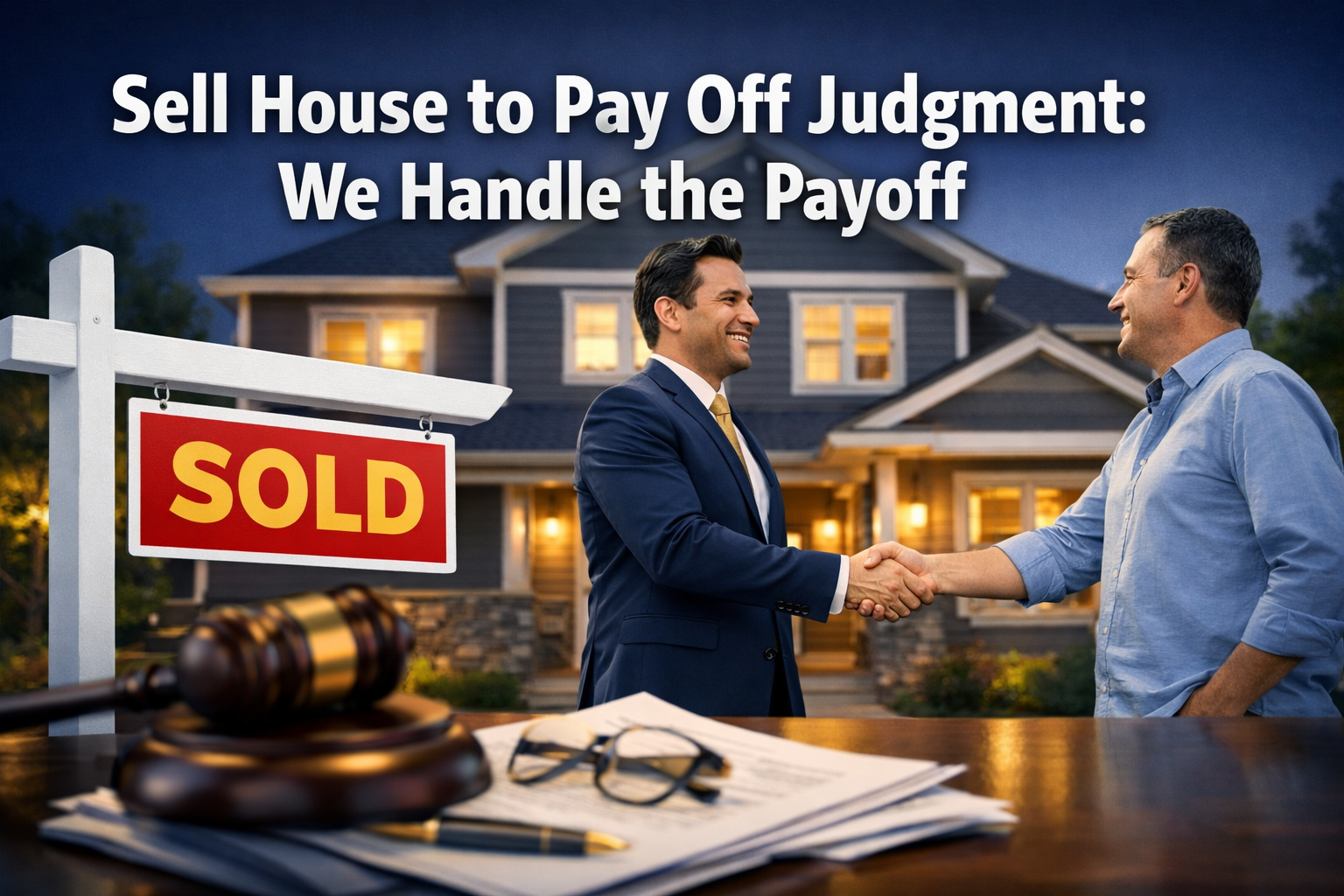 Professional landscape format (1536x1024) hero image featuring bold text overlay 'Sell House to Pay Off Judgment: We Handle the Payoff' in e
