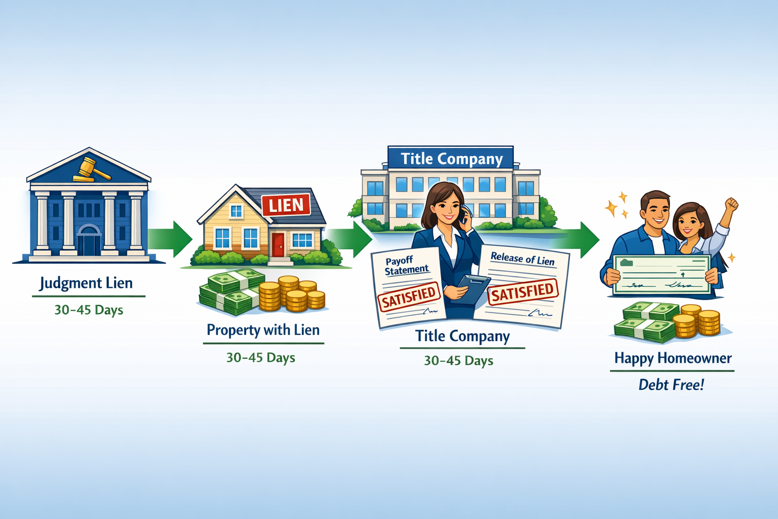 Detailed landscape format (1536x1024) illustration showing judgment lien payoff process flowchart. Visual elements include: courthouse build