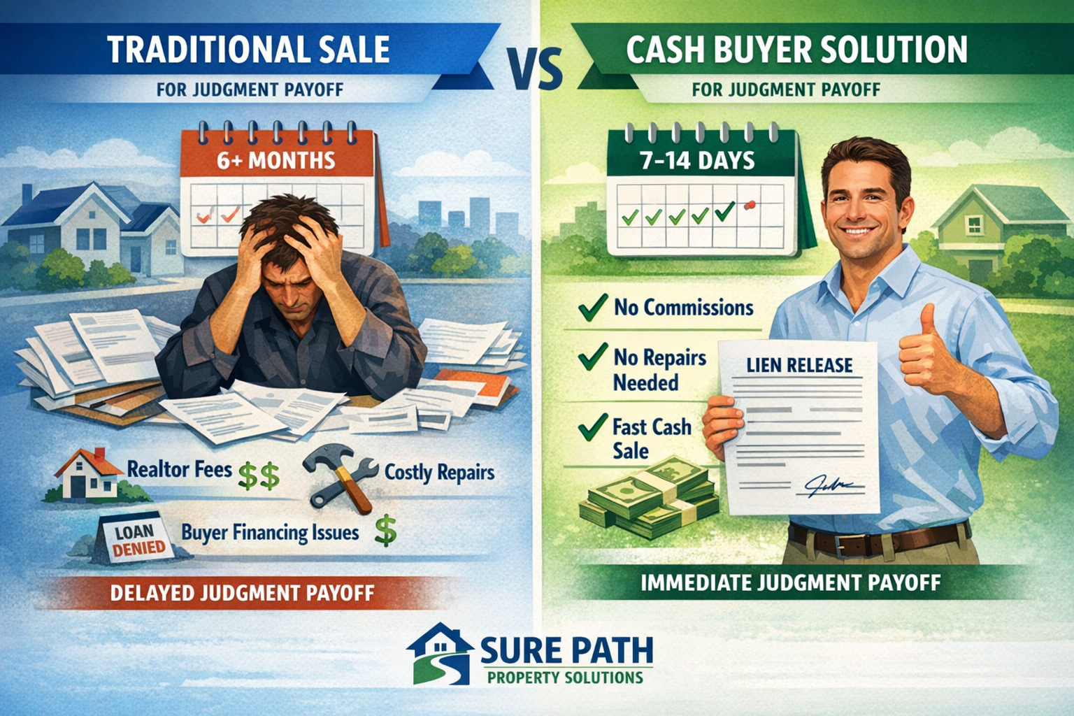 Detailed landscape format (1536x1024) comparison infographic showing 'Traditional Sale vs Cash Buyer Solution' for judgment payoff. Split-sc