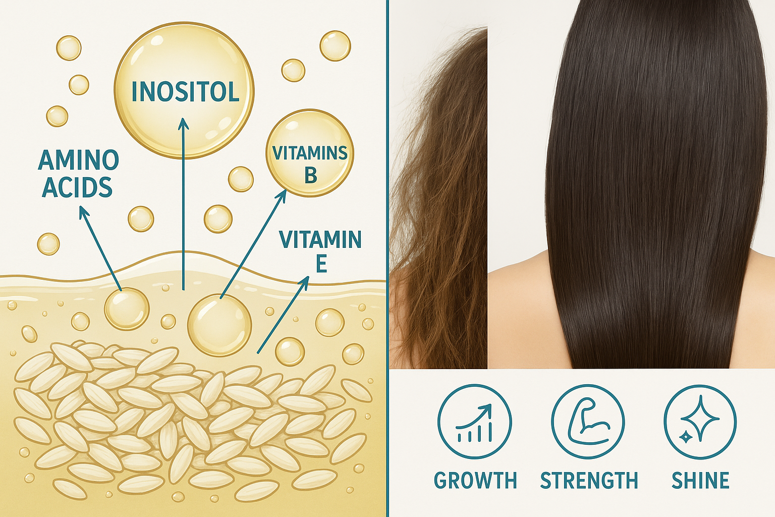 Hoe Maak Je Rijstwater Voor Je Haar? De Ultieme Gids voor Natuurlijke Haarverzorging 2 Detailed landscape image (1536x1024) illustrating rice water nutrients and hair benefits through split-screen composition: left side shows m